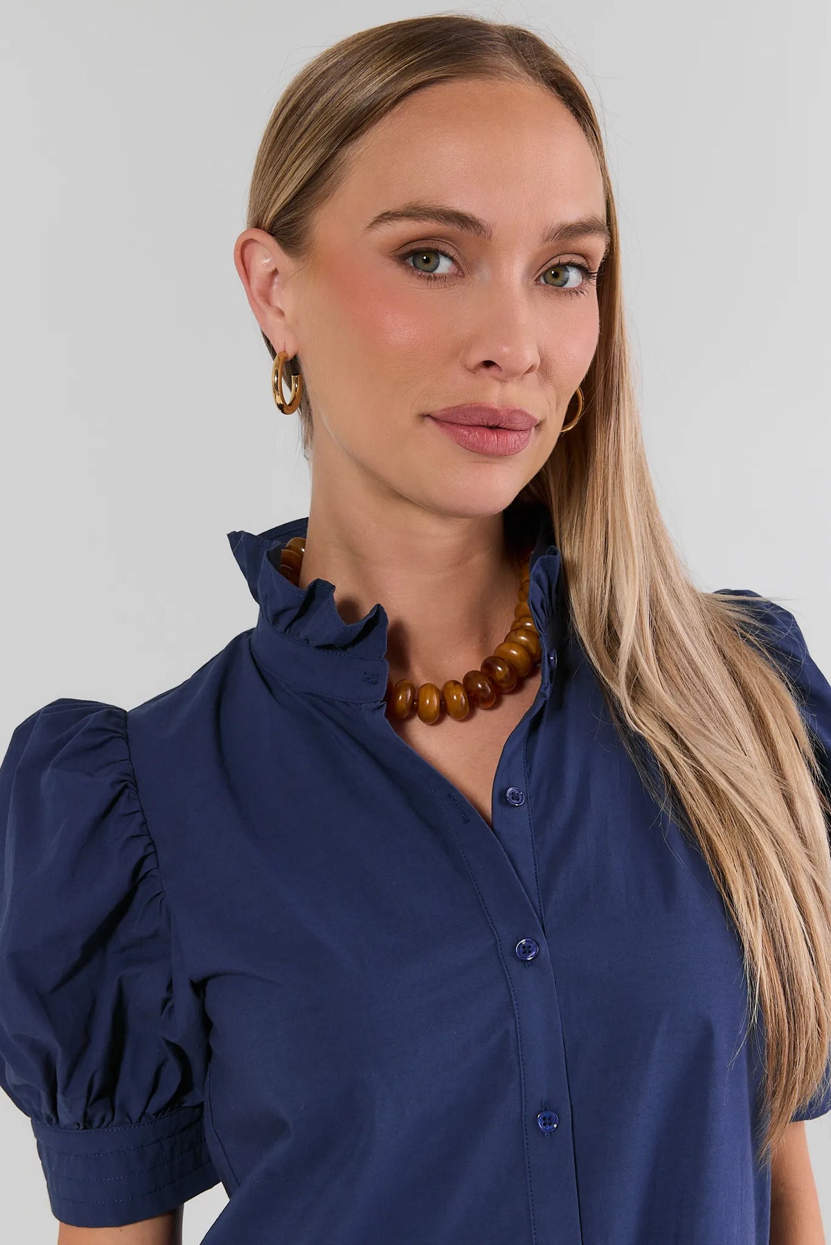 Navy Eyelet Dress Ruffle Collar Puff Sleeve - Neckline Detail | Avara