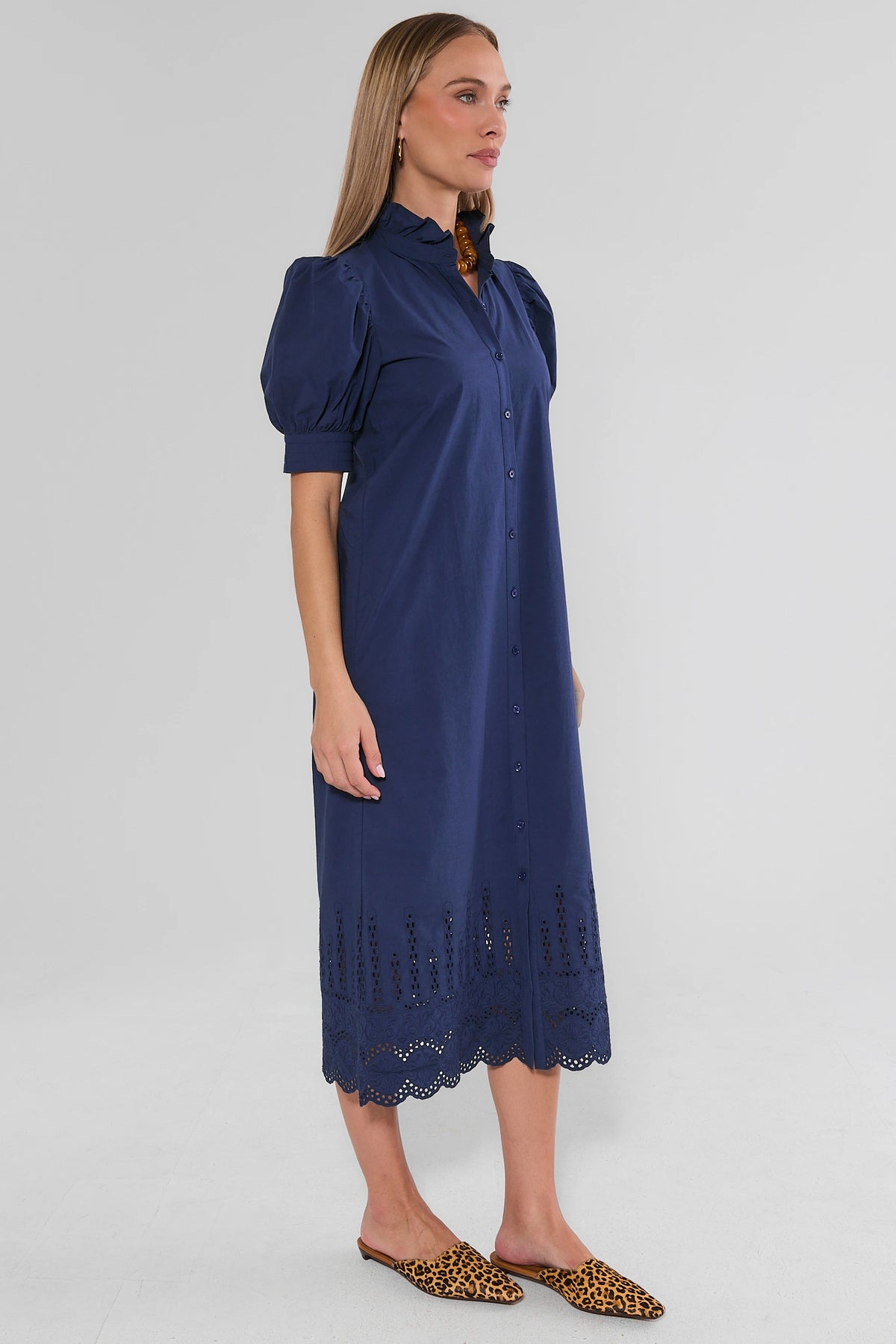 Navy Cotton Eyelet Midi Dress - Side Profile On Model | Avara