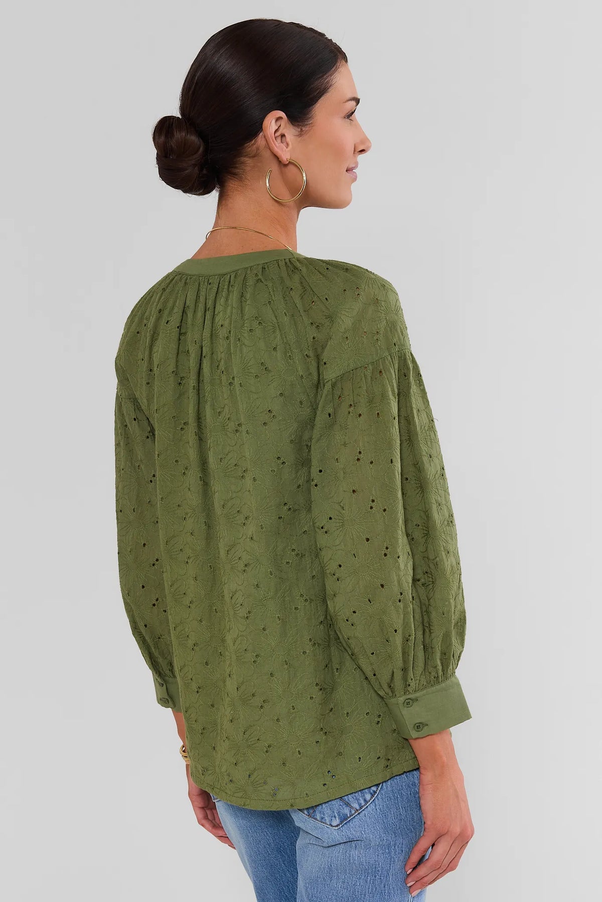 Green Floral Eyelet Split Neck Top - Back View On Model | Avara
