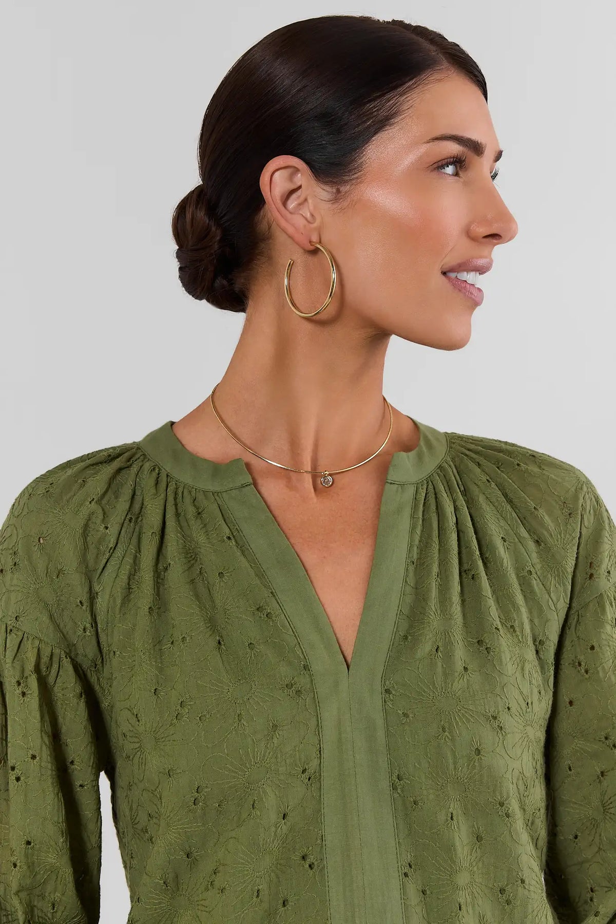 Green Cotton Eyelet Top - Split Neckline Close-Up Detail | Avara