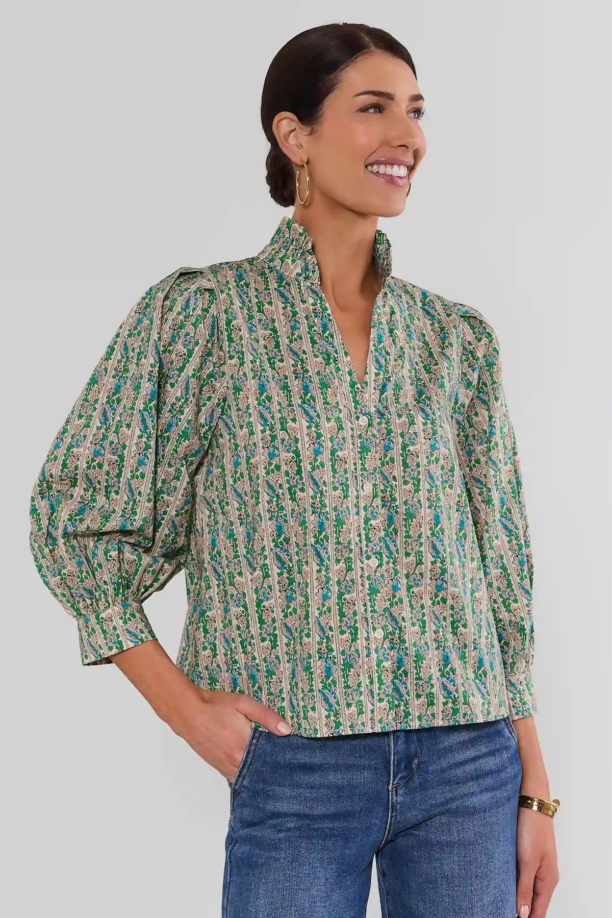 Green Striped Floral Cotton Blouse - Front View, Puff Sleeves & Ruffle Collar, Styled with Jeans | Avara