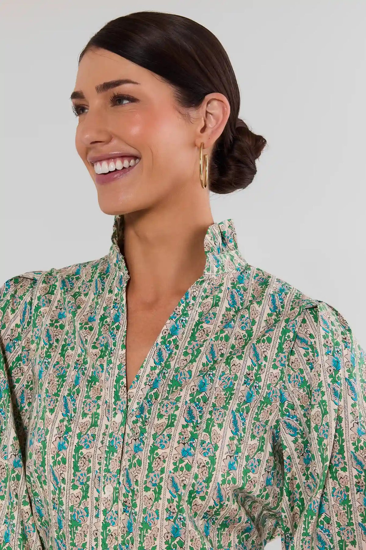 Green Striped Floral Top - V-Neckline & Ruffle Collar Close-Up Detail, Striped Blouse with Flowers | Avara