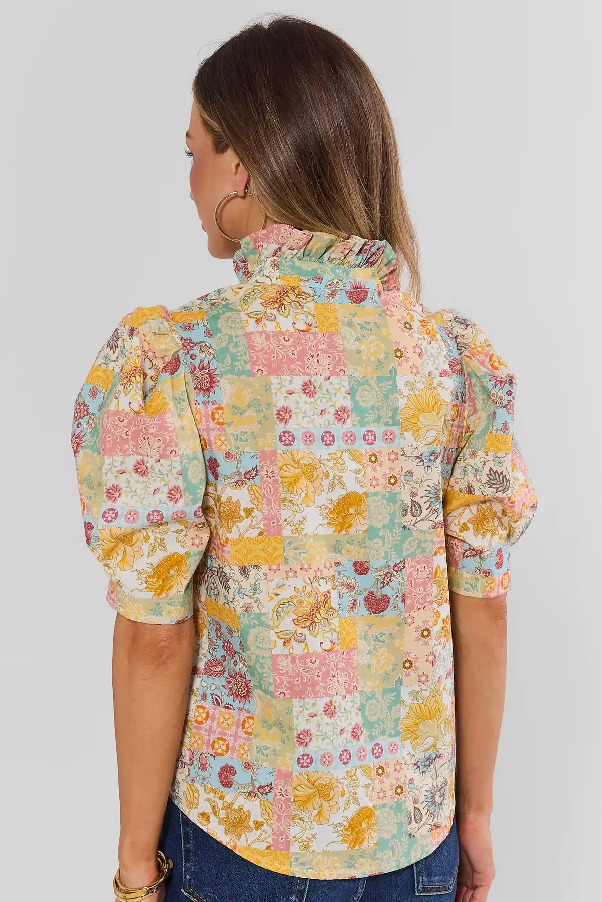 Multi Floral Patchwork Cotton Top - Back View with Puff Sleeve Detail | Avara