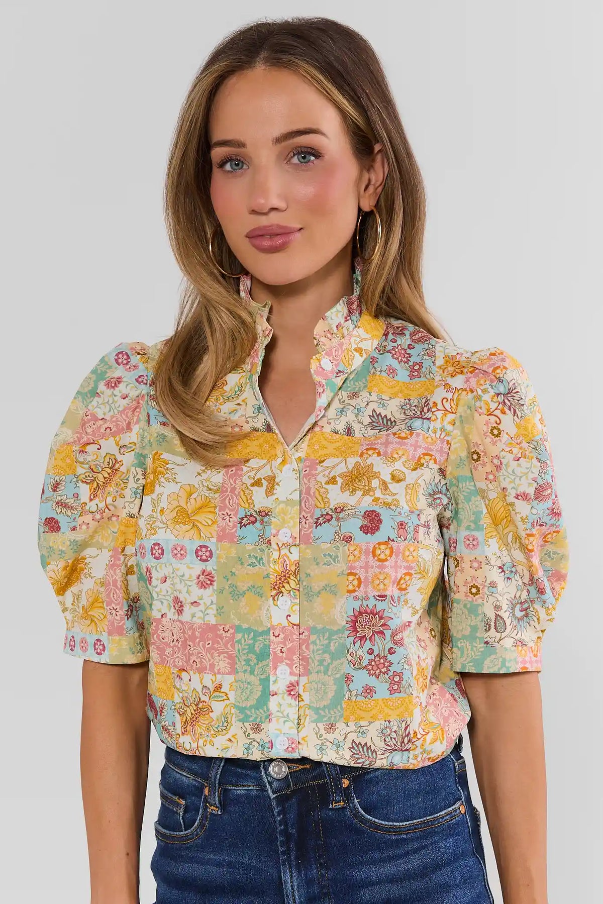 Multi Floral Patchwork Print Cotton Top - Front View On Model | Avara