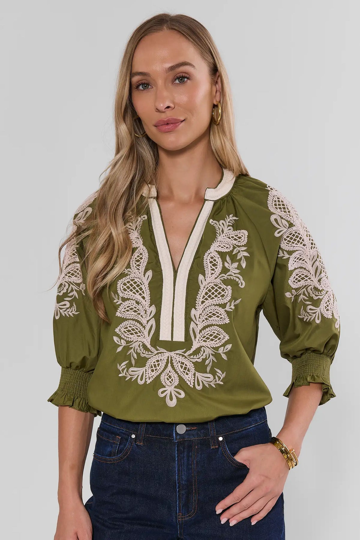 Green Ivory Embroidered Split Neck Top - Front On Model | Avara