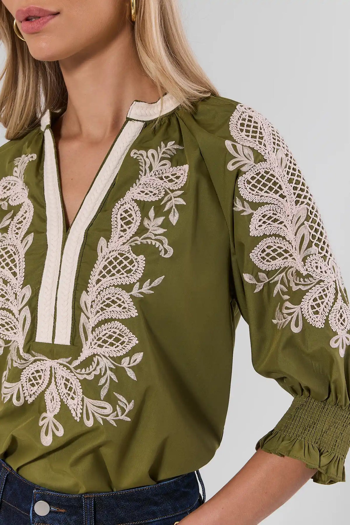 Green Embroidered Split Neck Top - Floral Embroidery Close-Up Detail | Avara