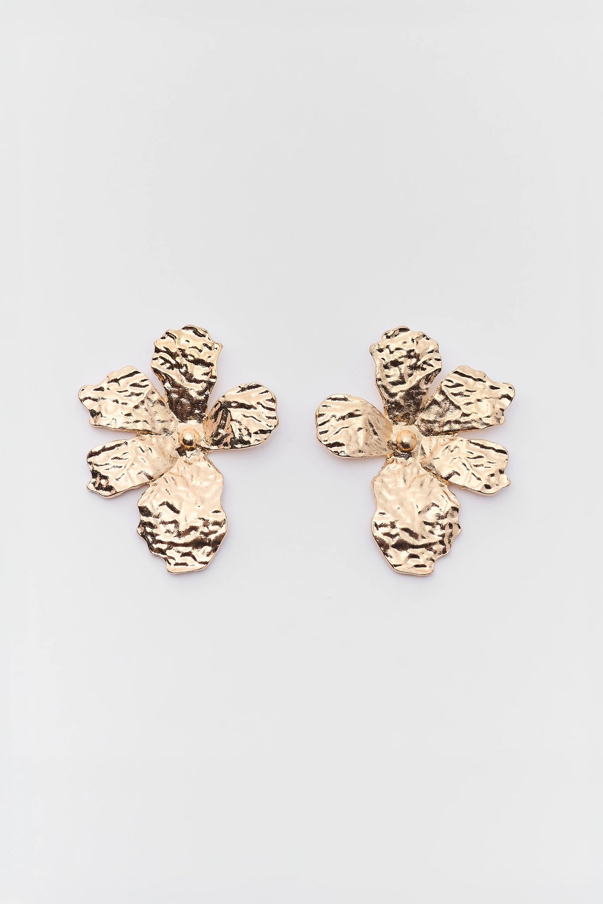 Gold Hammered Flower Stud Earrings - Flat Lay Pair | Avara