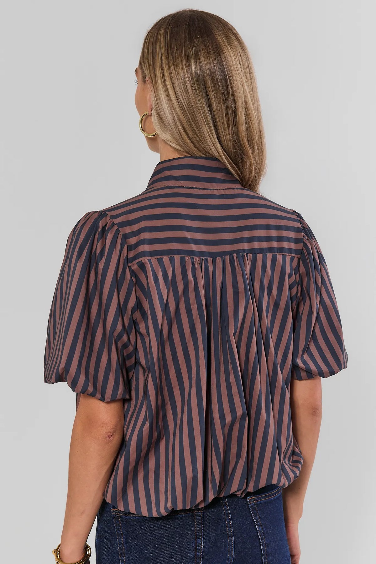 Navy & Brown Striped Button-Up Top - Back View, Pleated Gathered Detail | Avara