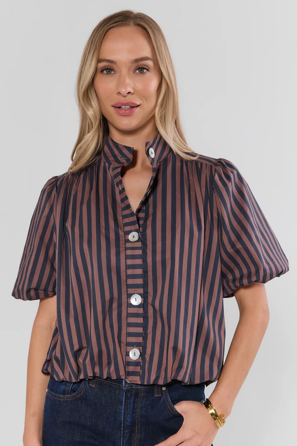 Navy & Brown Striped Button-Up Top - Front View, On Model with Puff Sleeves | Avara
