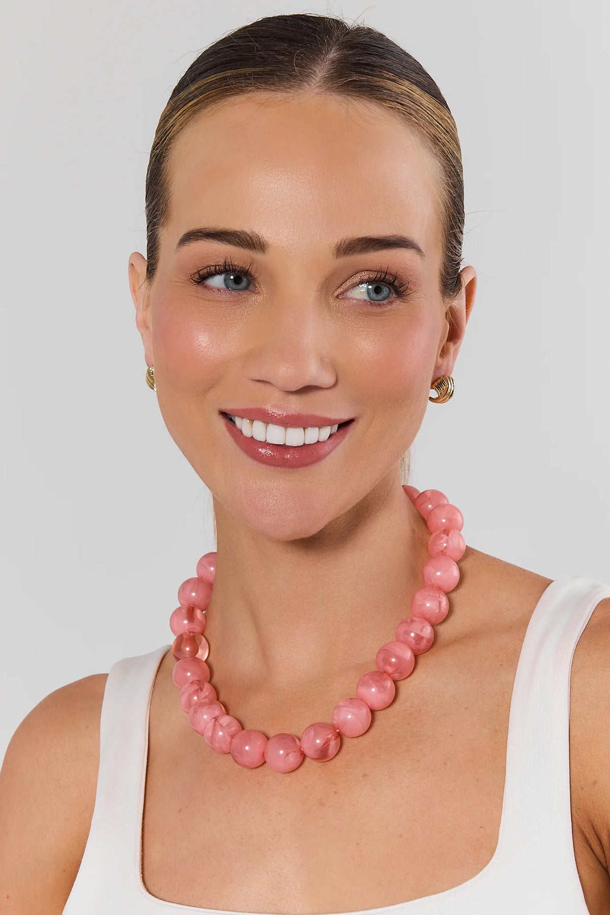 Light Pink Oversized Beaded Necklace - On Model Front View | Avara