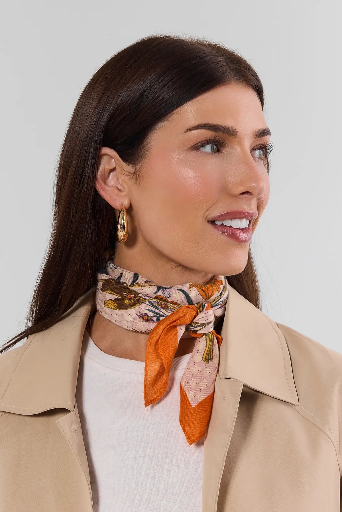 Orange Floral Print Scarf Tied as Neck Scarf - On Model Styled Look | Avara