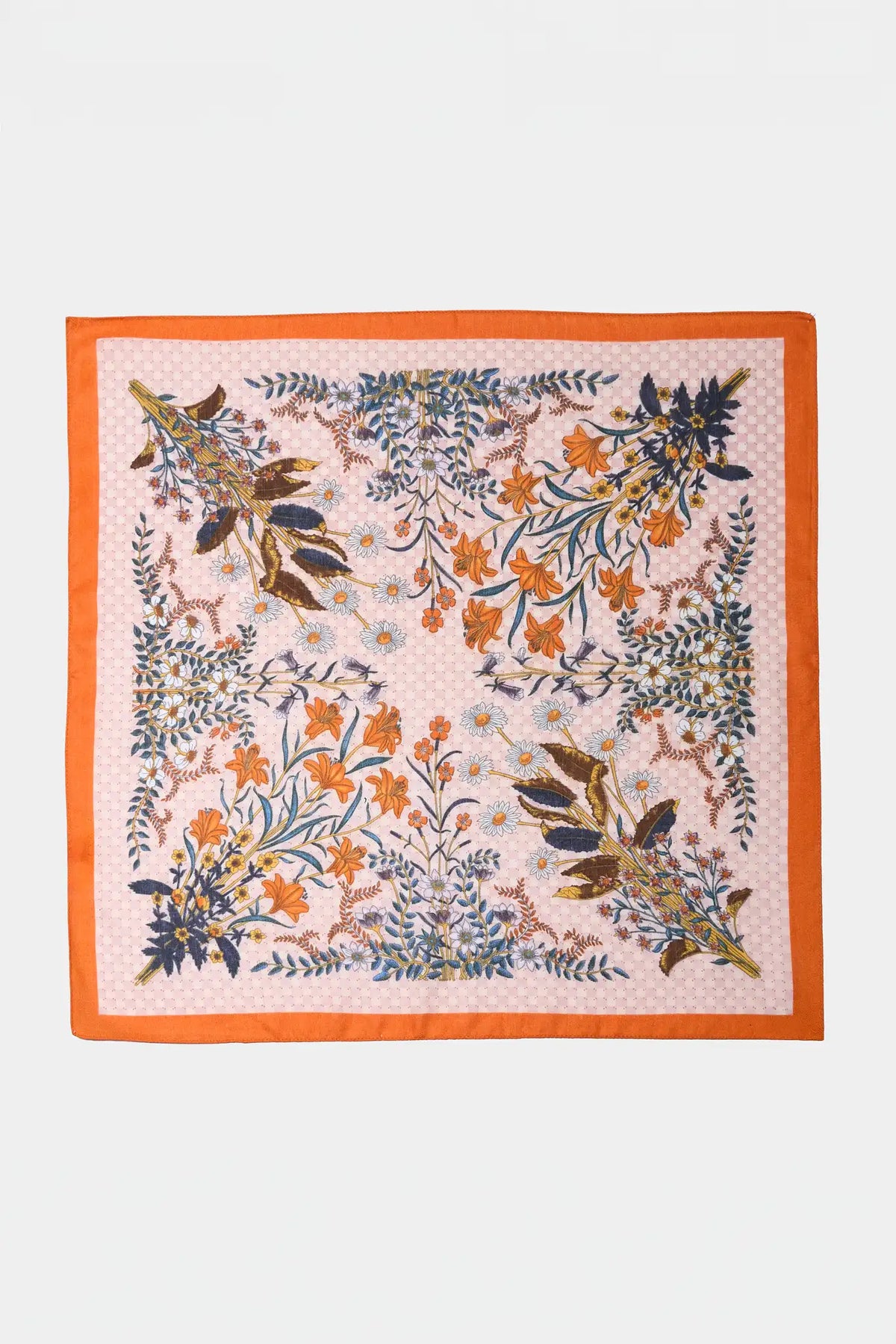 Orange Floral Printed Square Scarf - Flat Lay | Avara