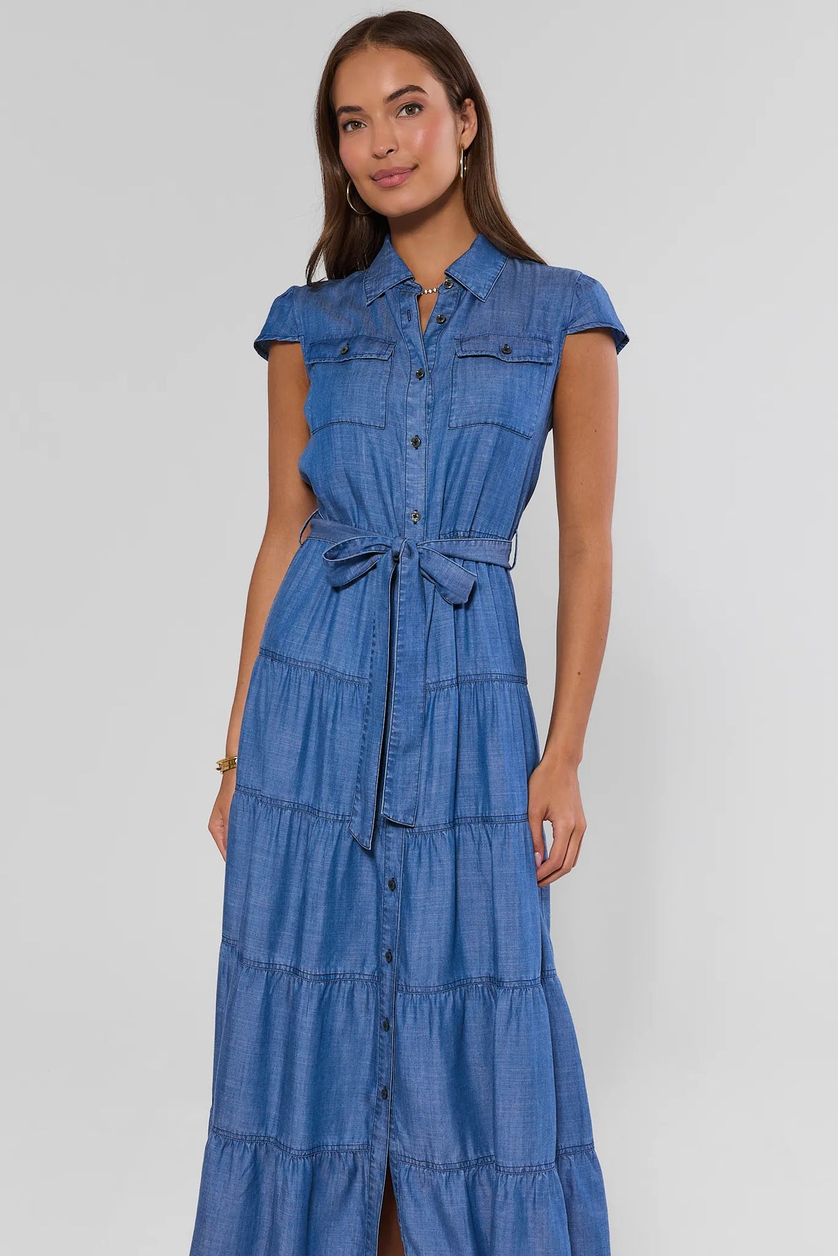 Blue Chambray Belted Maxi Dress - Front 3/4 View, Tiered Skirt & Self-Tie Waist | Avara