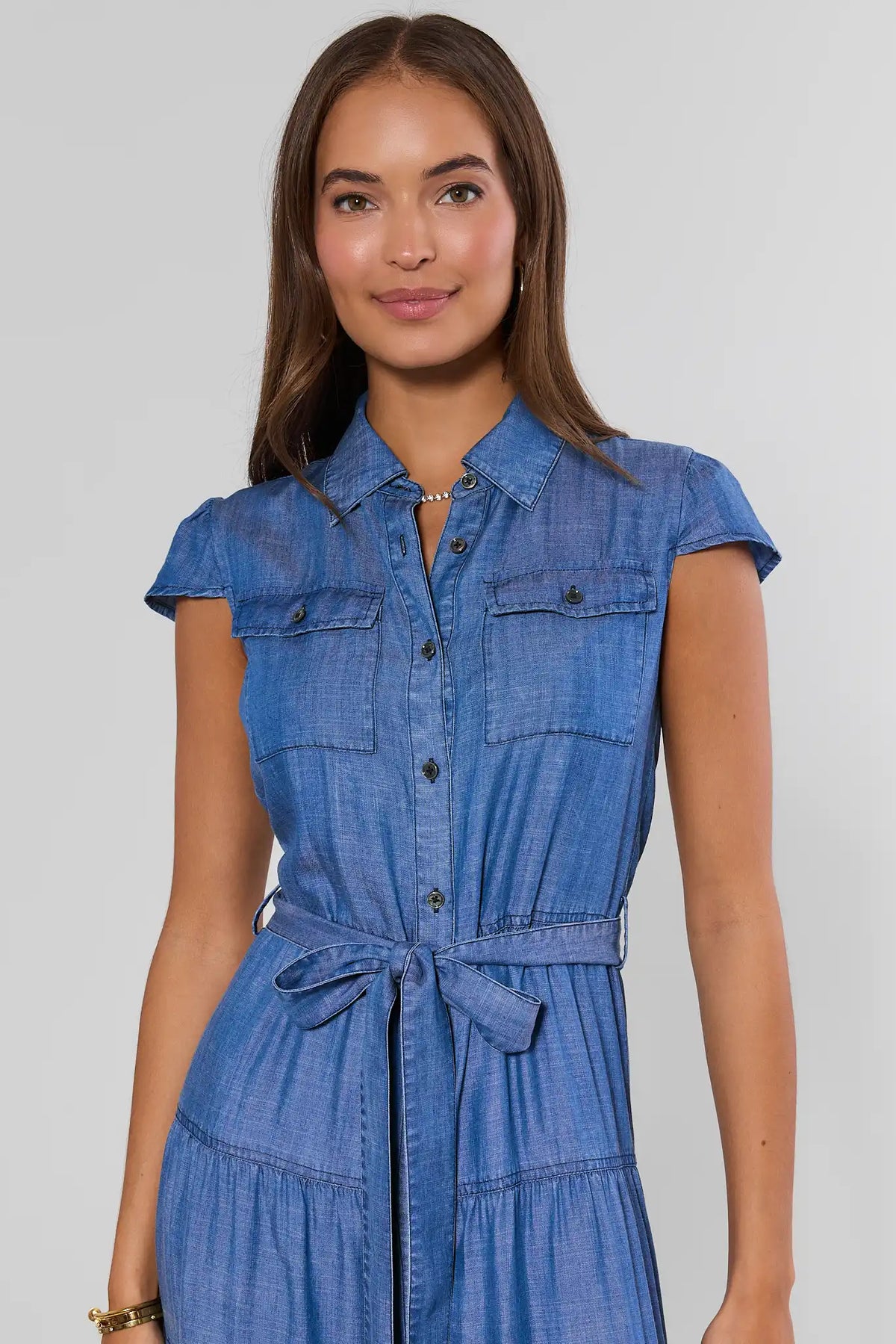 Blue Chambray Button-Front Maxi Dress - Close-Up Collar & Tie Waist Detail | Avara