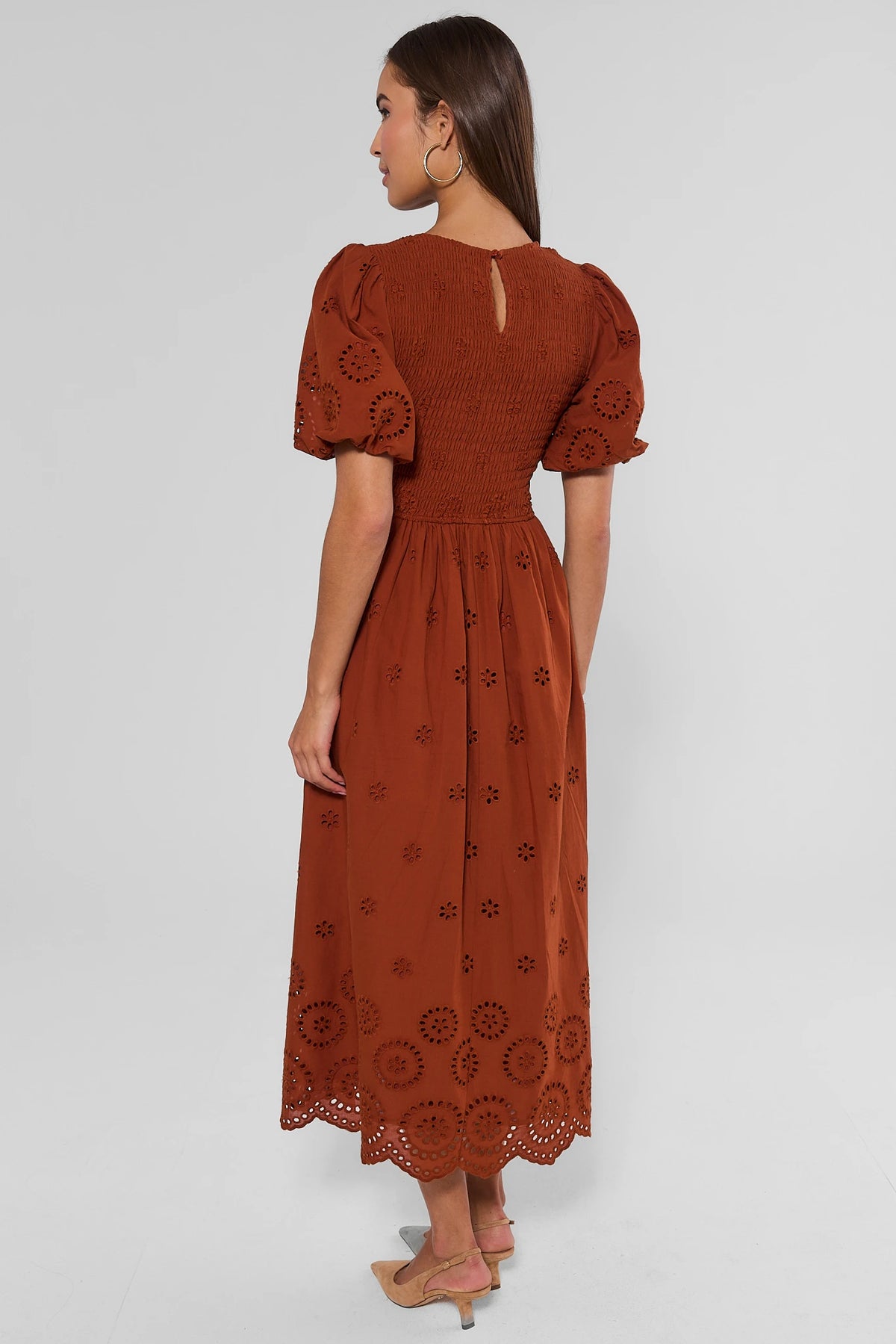 Rust Smocked Eyelet Midi Dress - Back View Showing Keyhole and Scallop Hem | Avara