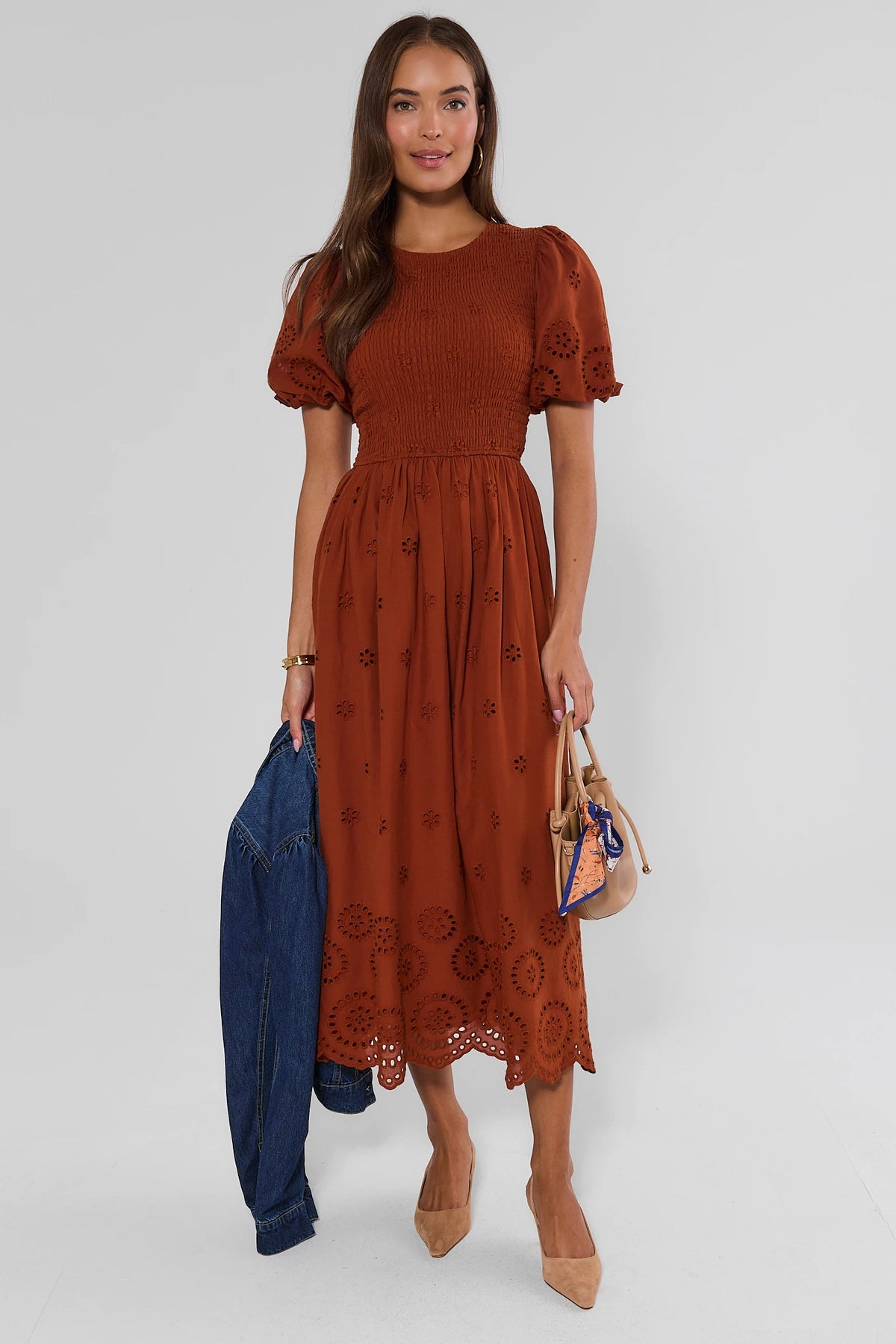 Rust Cotton Smocked Eyelet Midi Dress - Full Front View Styled with Denim Jacket | Avara