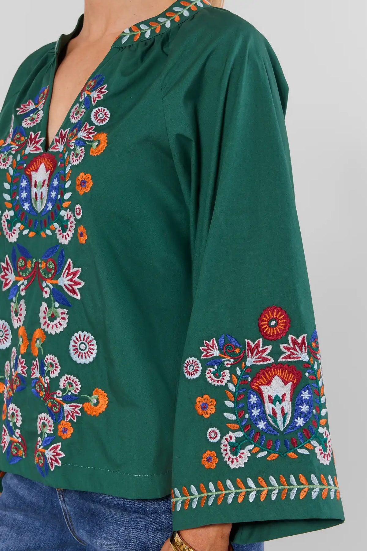 Green Embroidered Top - Bell Sleeve Cuff Detail On Model | Avara