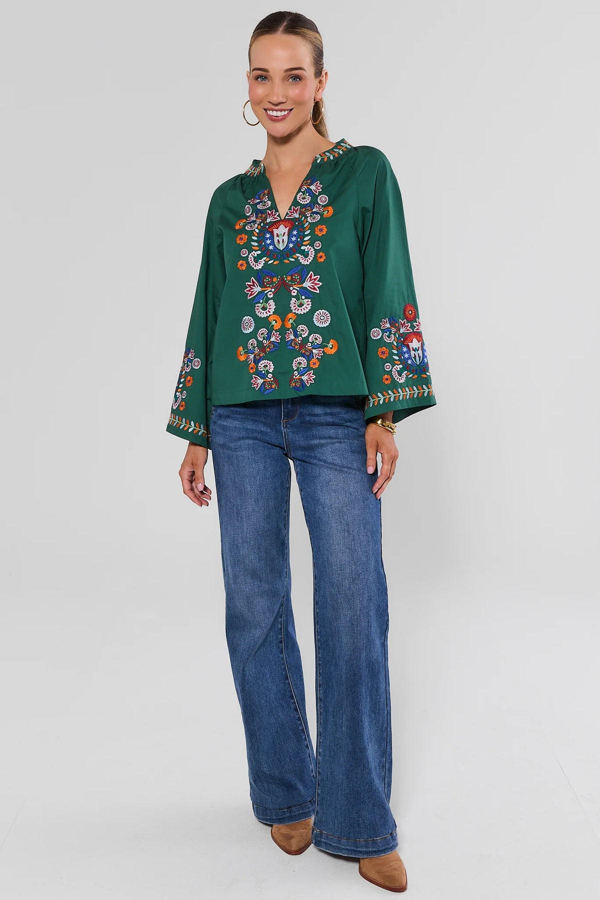 Green Cotton Embroidered Top with Wide Leg Jeans - Full Length Front View | Avara