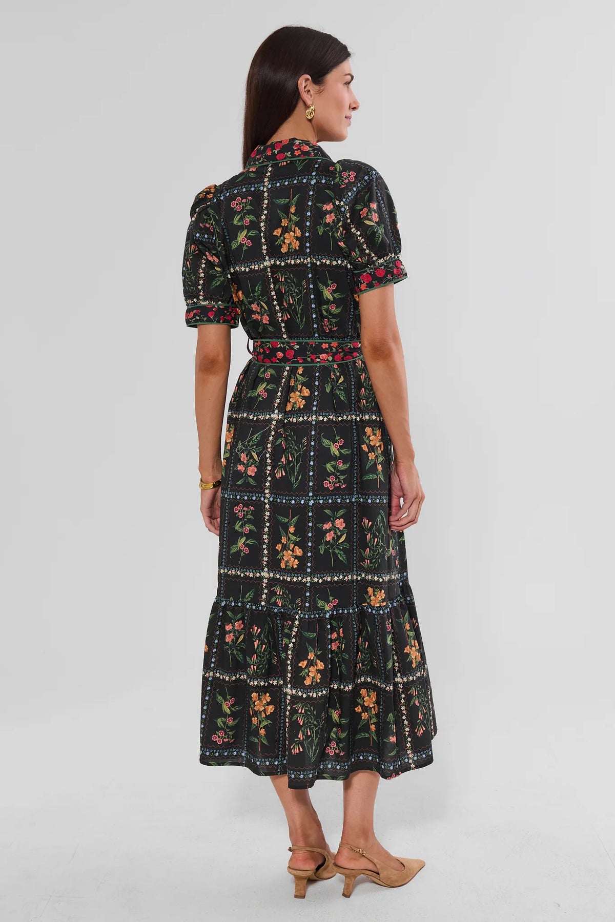 Black Floral Print Midi Dress - Back View On Model, Tiered Hem, Modest Coverage & Puff Sleeve Detail | Avara