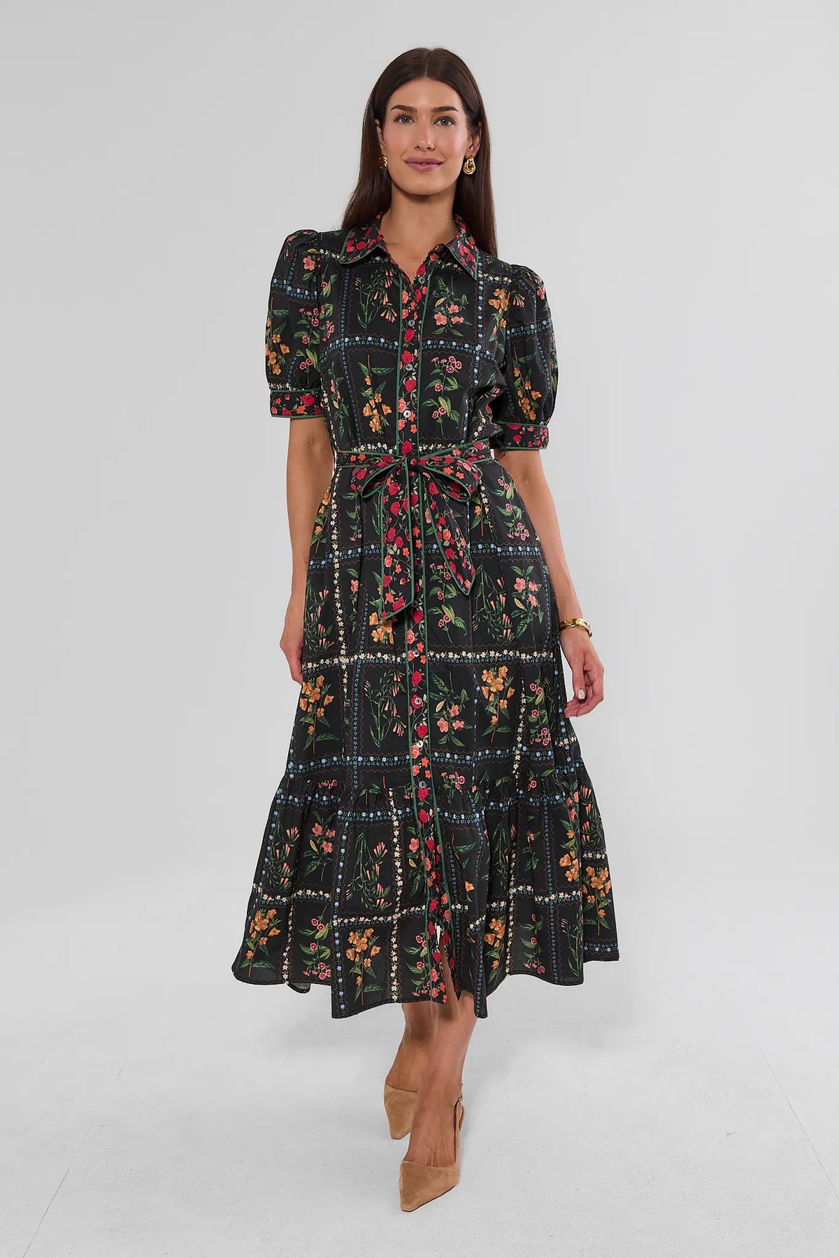 Black Floral Modest Midi Dress - Full Front View, Tiered Skirt, Belted Waist & Puff Sleeves On Model | Avara