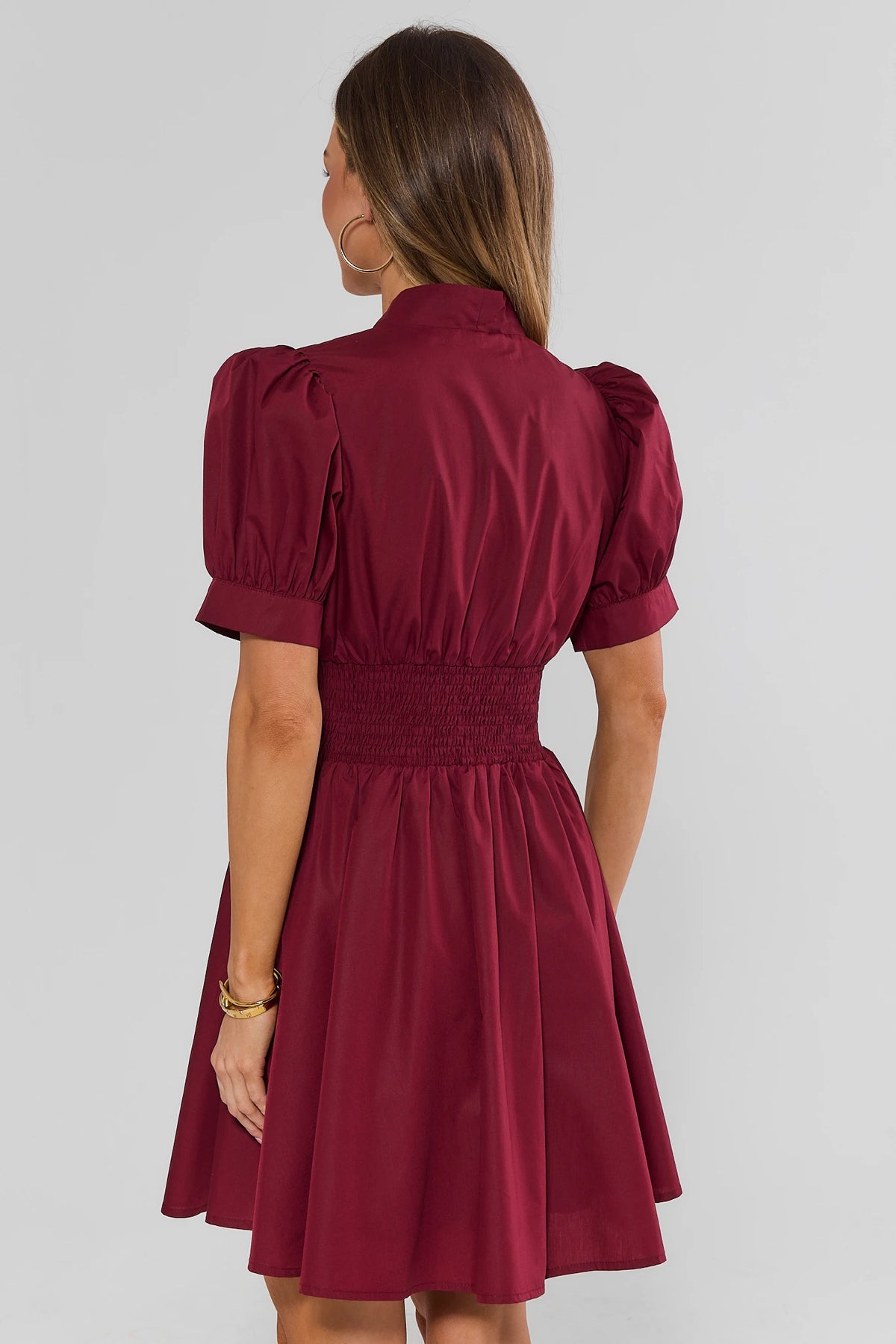 Maroon Zip-Up Short Dress with Smocked Waist and A-Line Skirt - Back View | Avara