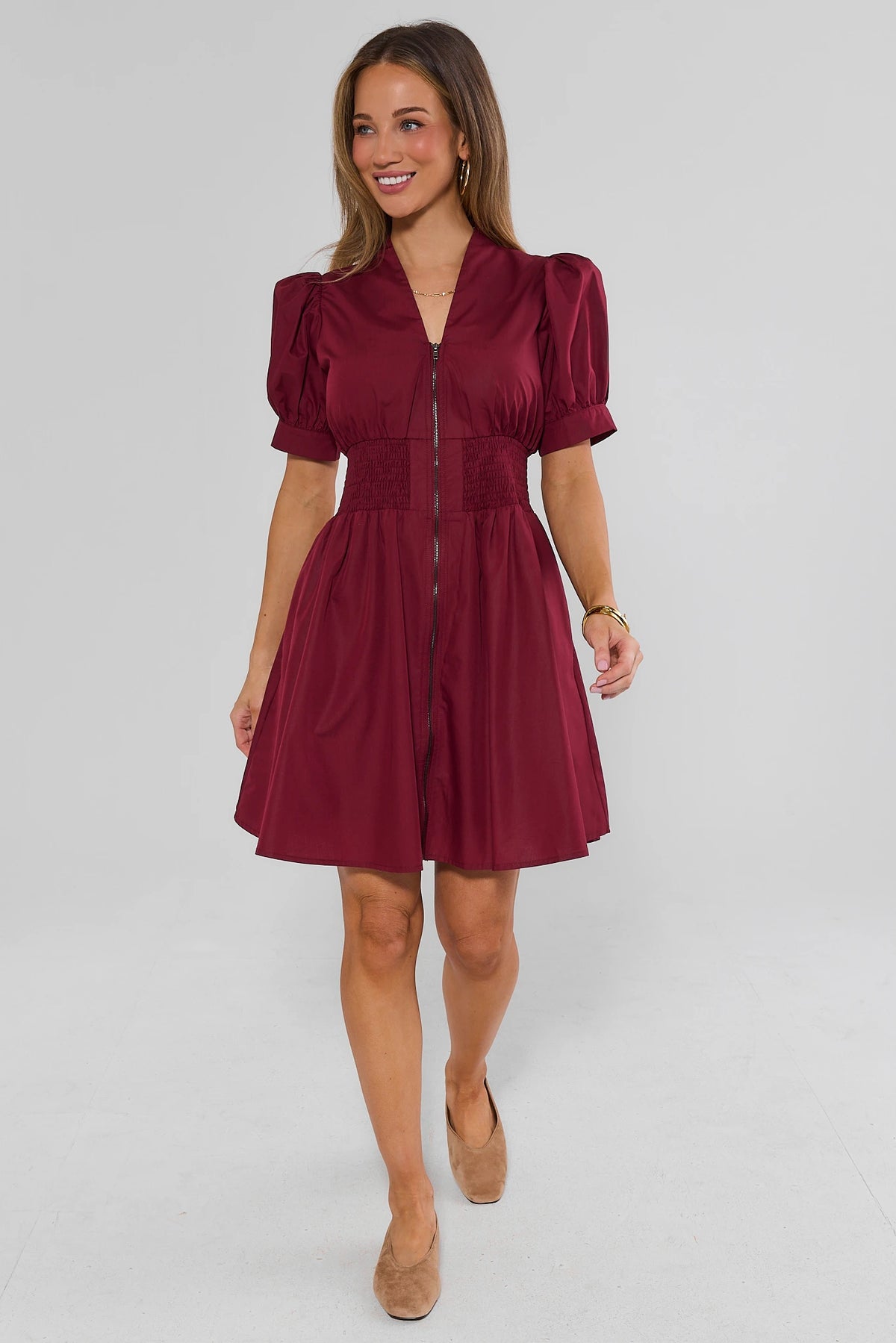 Maroon Puff Sleeve Zip-Up Short Dress Full Length On Model - Front View | Avara
