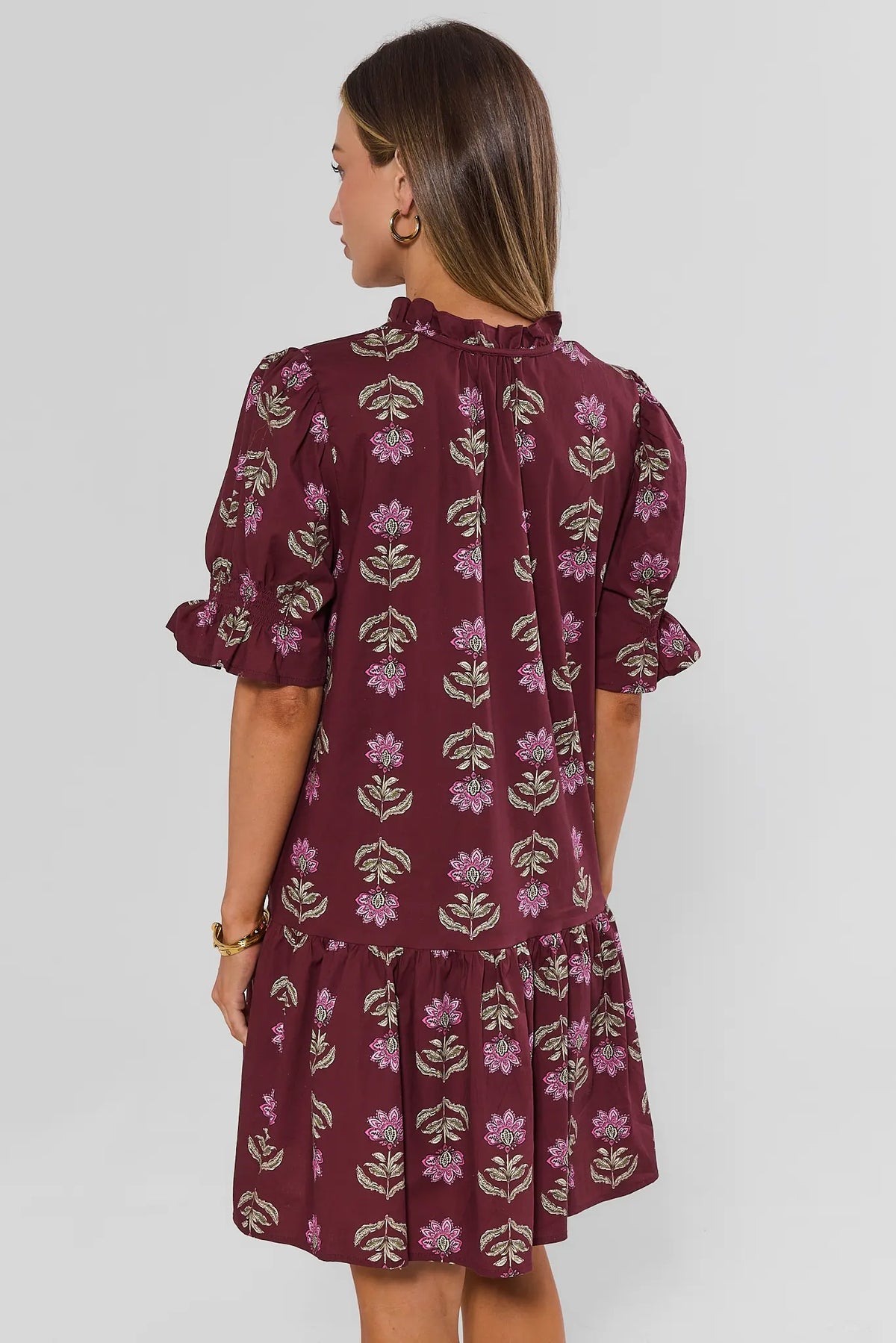 Burgundy Floral Print Short Dress - Back View Ruffle Collar Detail | Avara