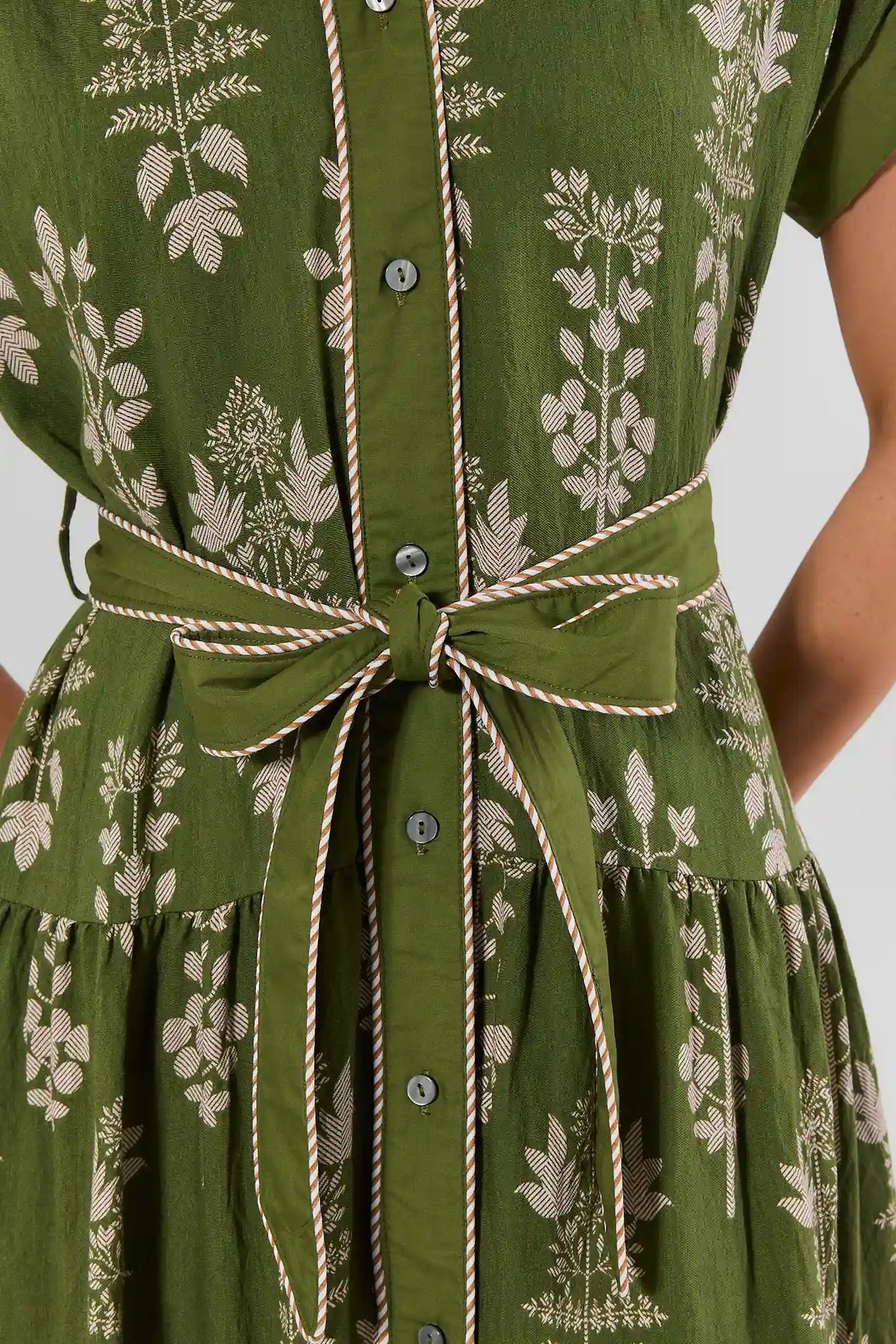 Green Floral Midi Dress with Tiered Skirt & Belted Waist - Full Front View On Model | Avara