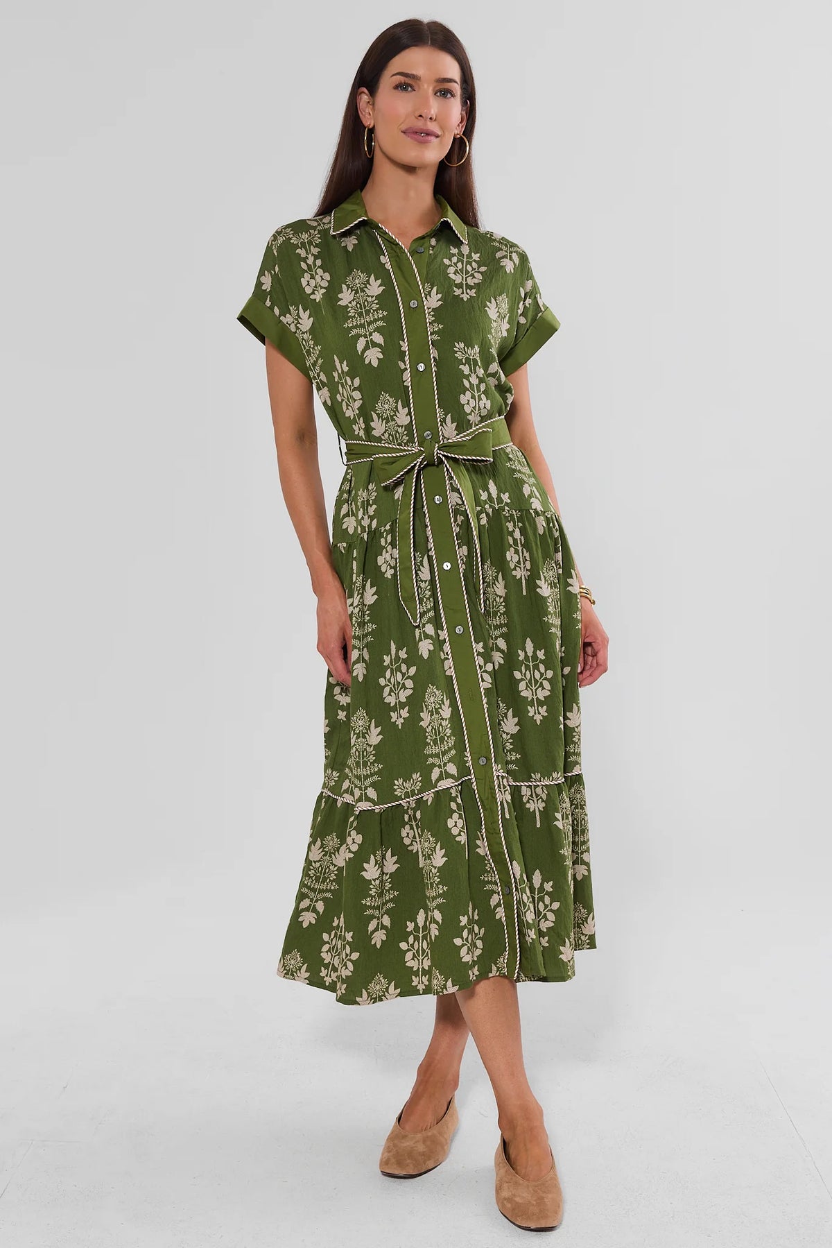 Cleo Green Printed Midi Dress - Back View Showing Tiered Skirt & Contrast Piping | Avara