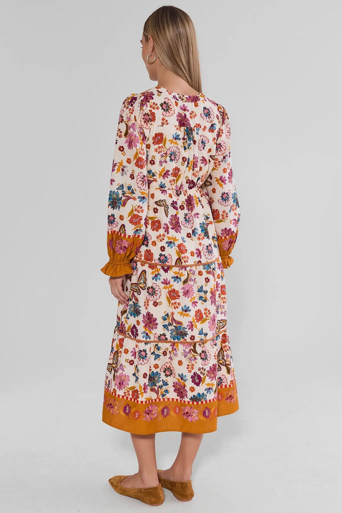 Shiloh Floral Maxi Dress with Amber Border Hem and Ruffle Cuffs - Back View | Avara