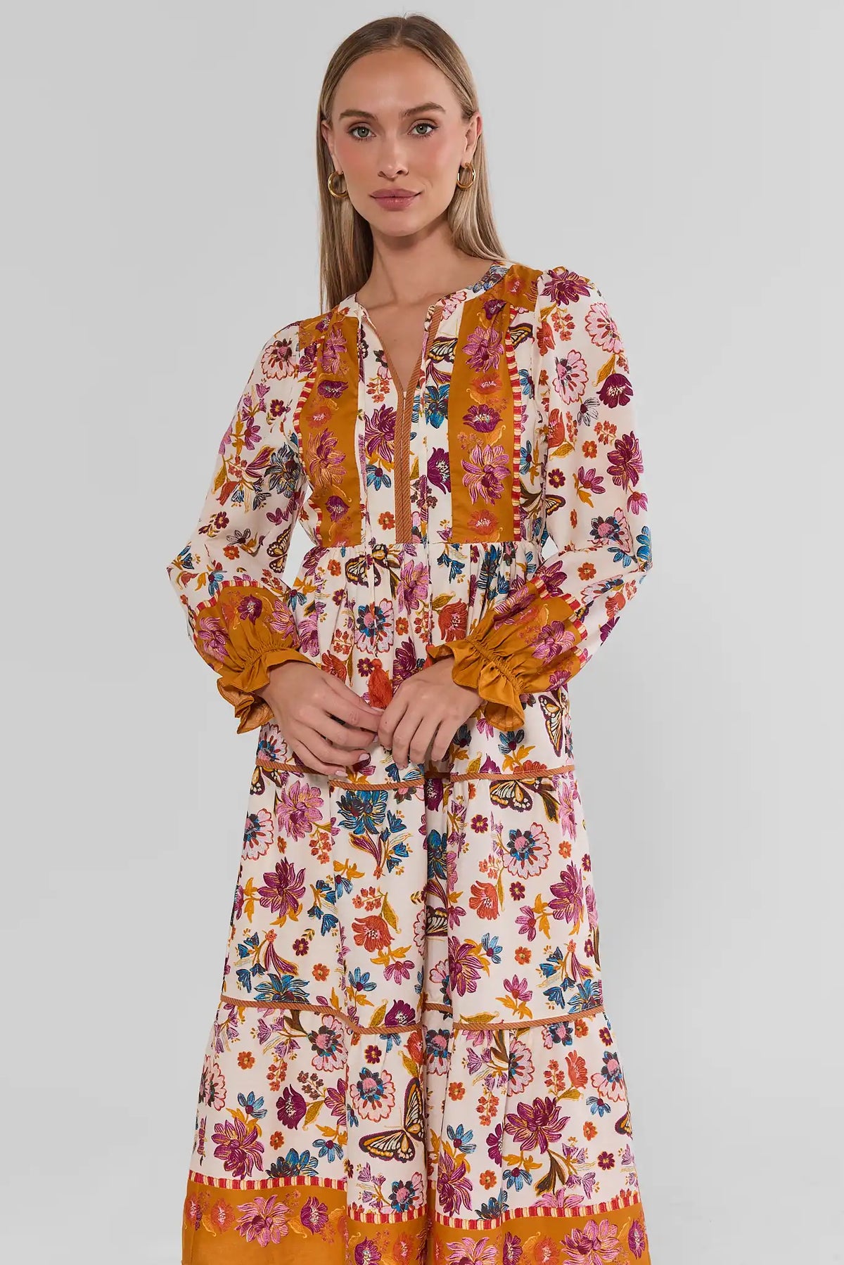 Ivory Floral Print Maxi Dress with Gold Contrast Trim - Front Close-Up | Avara
