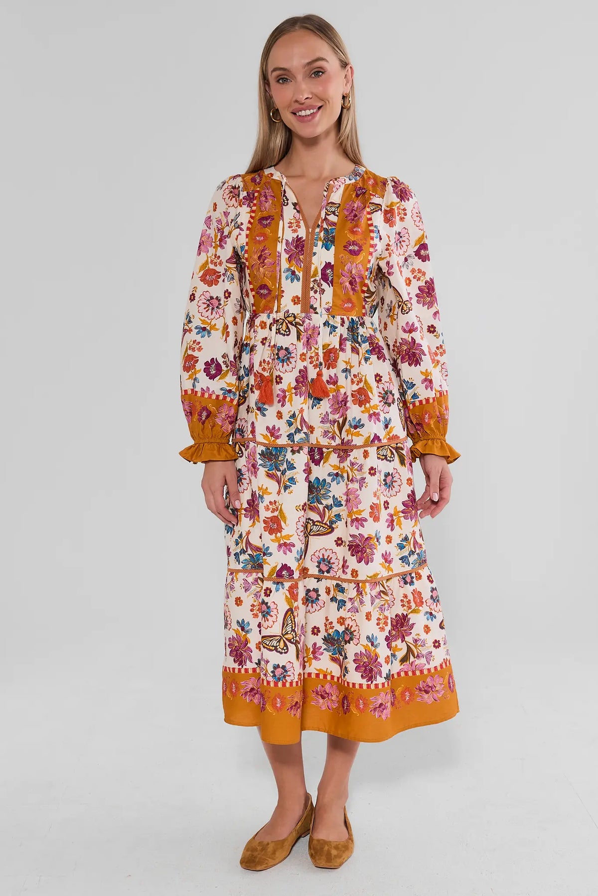 Shiloh Floral Print Maxi Dress in Ivory and Amber - Full Front On Model | Avara