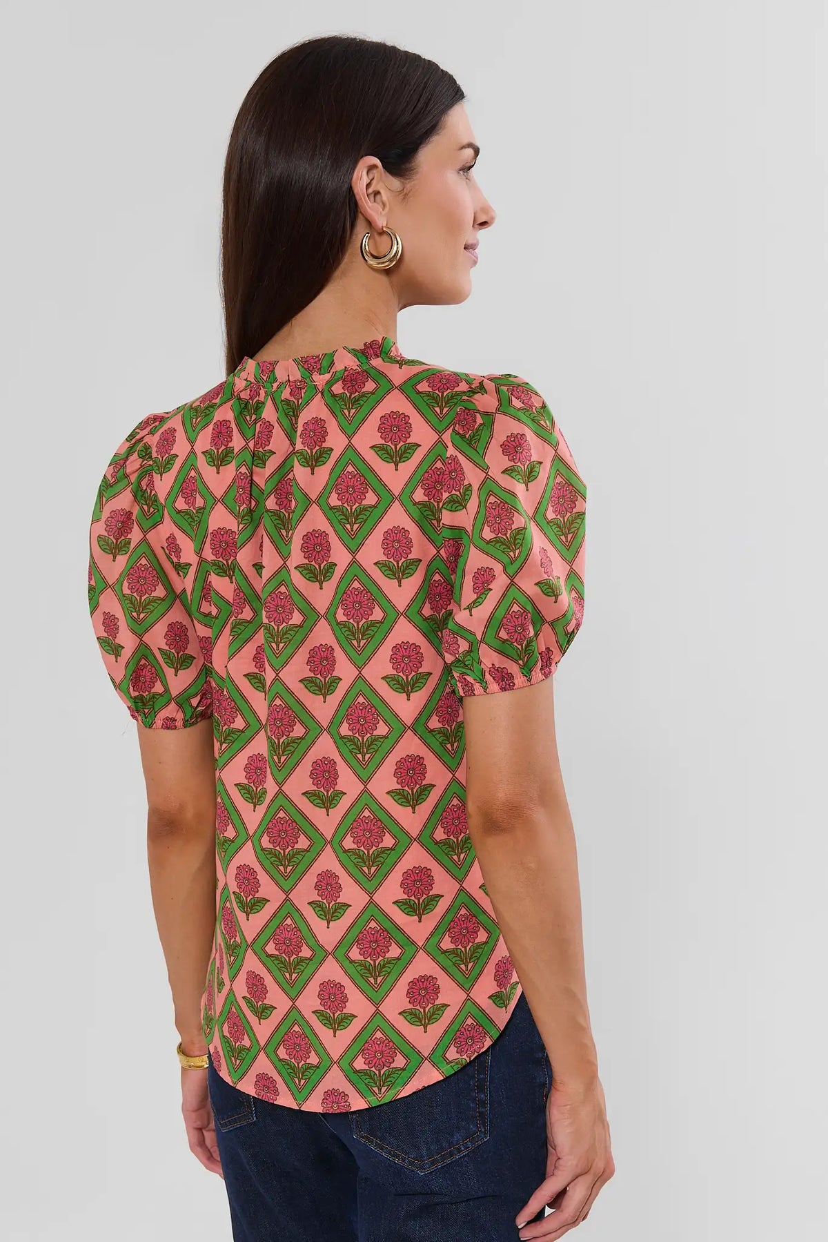 Coral Floral Print Women's Top - Back View On Model with Denim | Avara