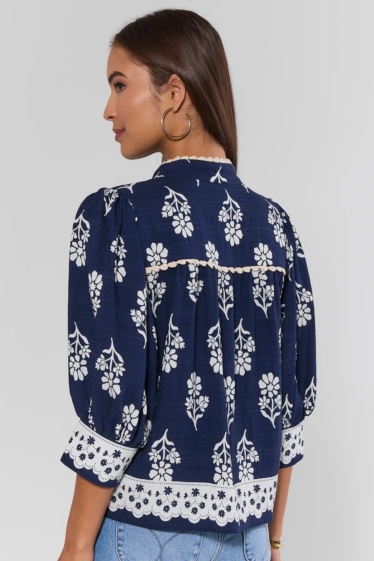 Collier Navy Printed Top by THML - Back View with Crochet Trim Detail | Avara