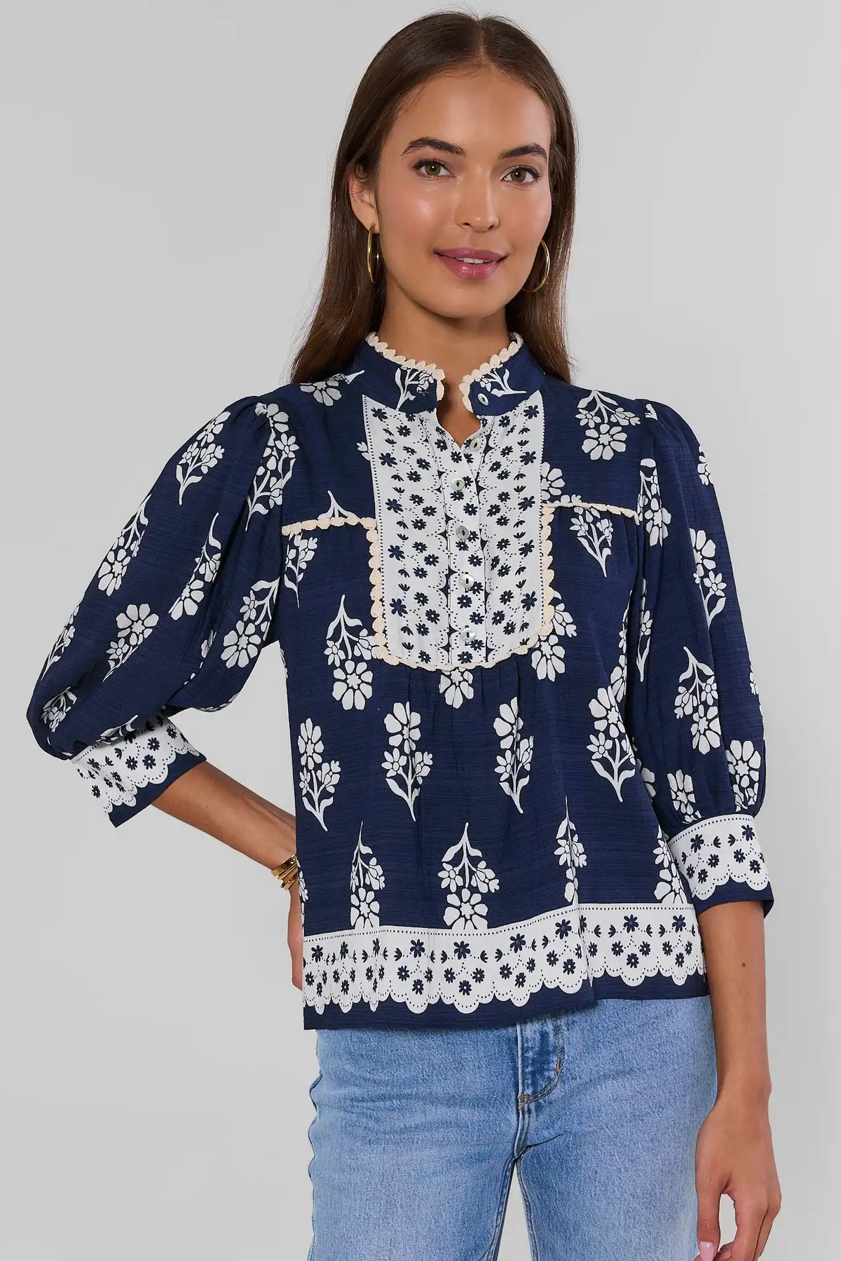 Collier Navy Printed Top by THML - Full Front On Model with Jeans | Avara