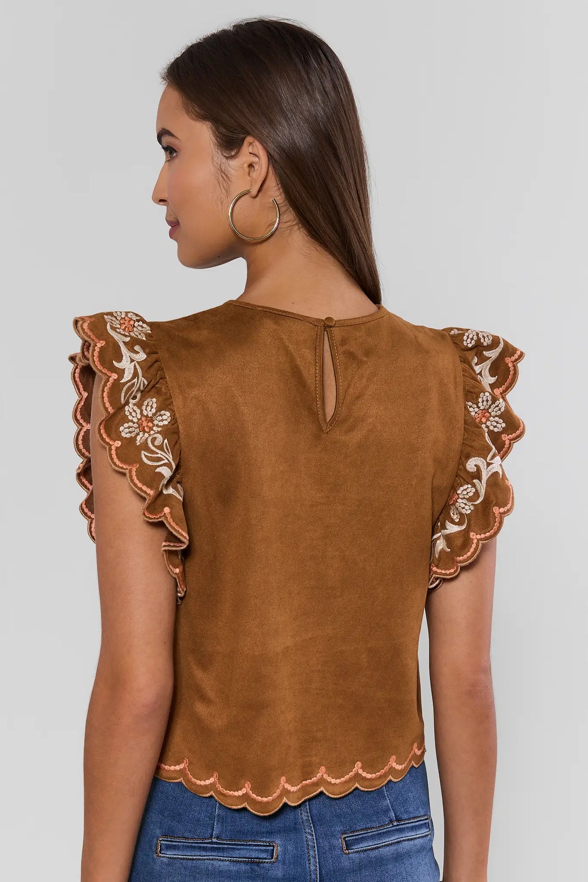 Brown Faux Suede Embroidered Blouse - Back View Showing Keyhole Button & Ruffle Flutter Sleeves | Avara