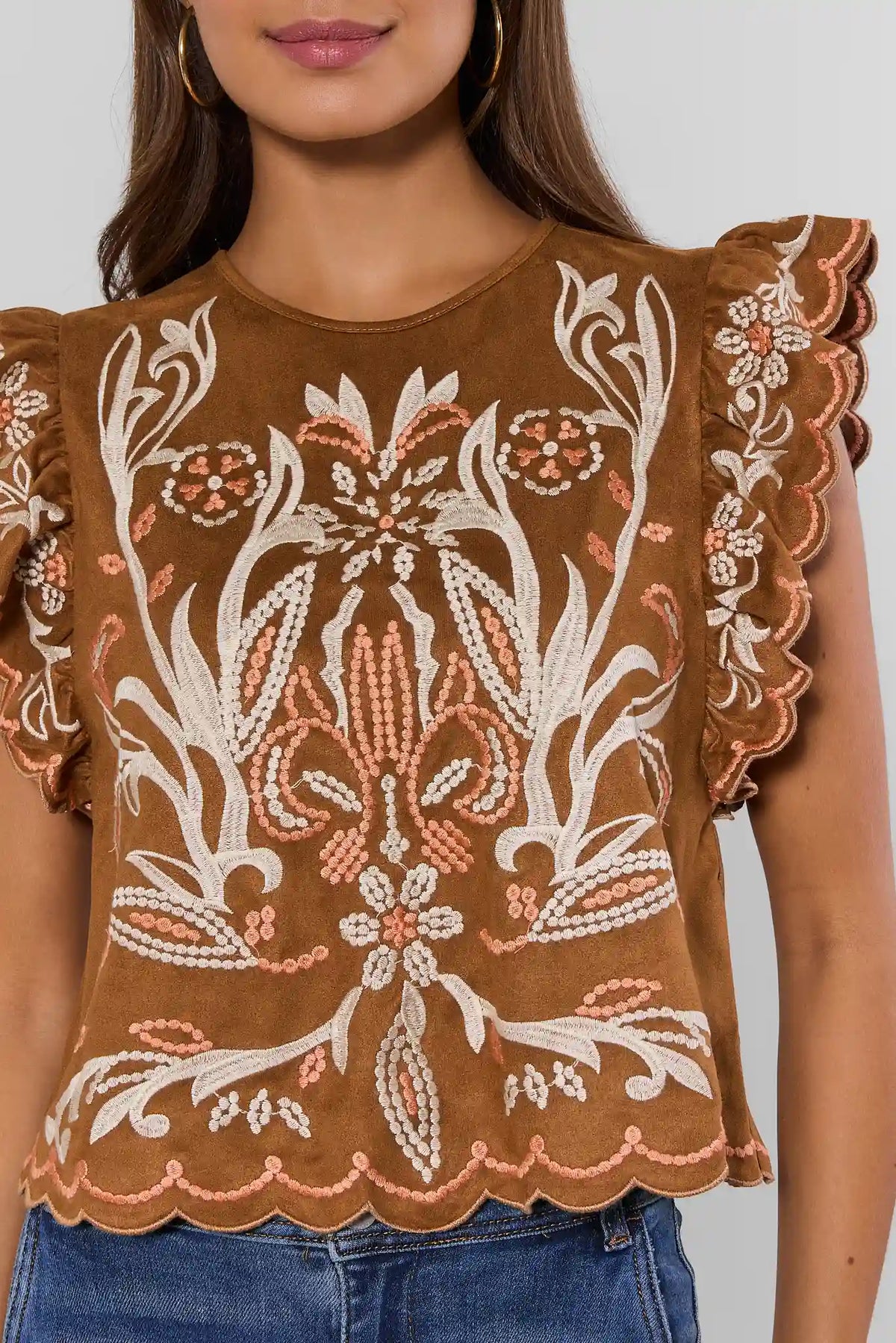 Brown THML Flutter-Sleeve Embroidered Top - Scallop Hem & Floral Embroidery Front Close-Up | Avara
