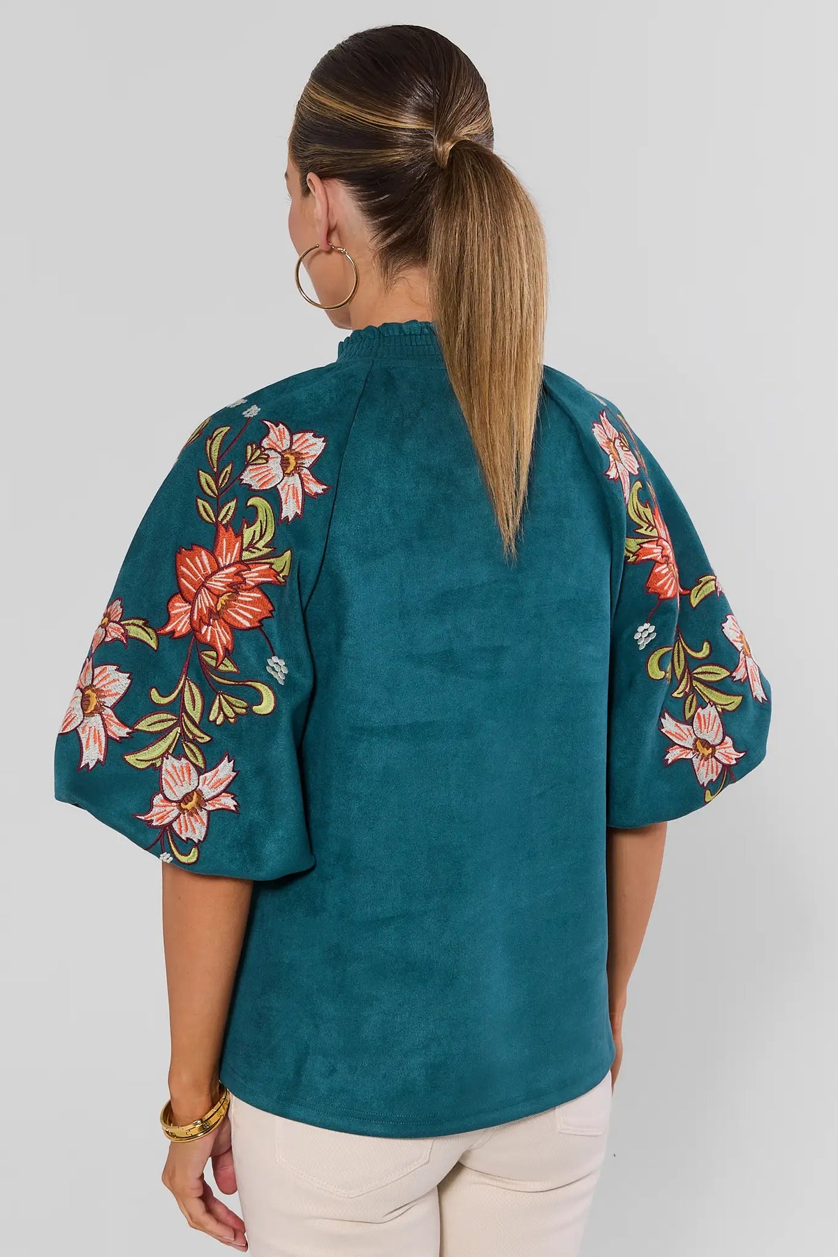 Teal Faux Suede Embroidered Top by THML - Back View, Floral Embroidered Sleeves | Avara