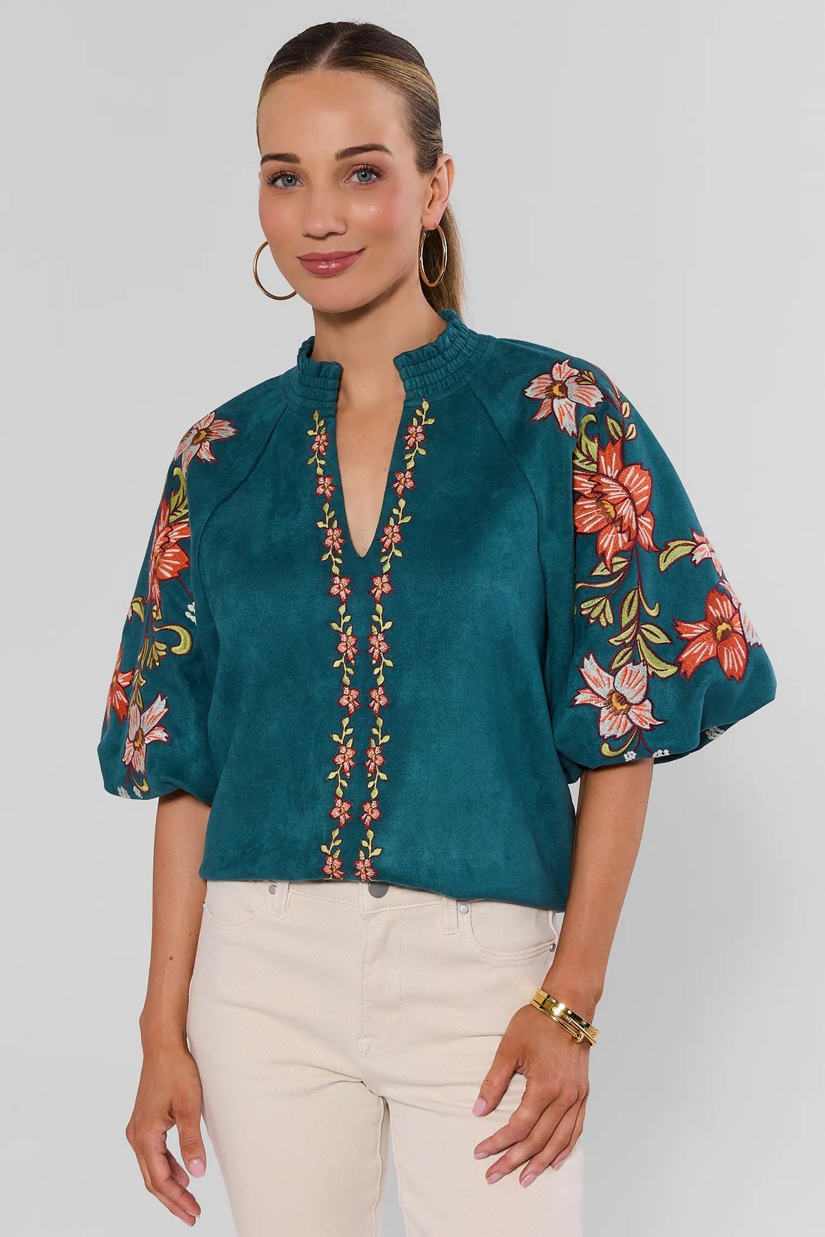 Teal Faux Suede Embroidered Top by THML - Front View Styled with White Pants | Avara