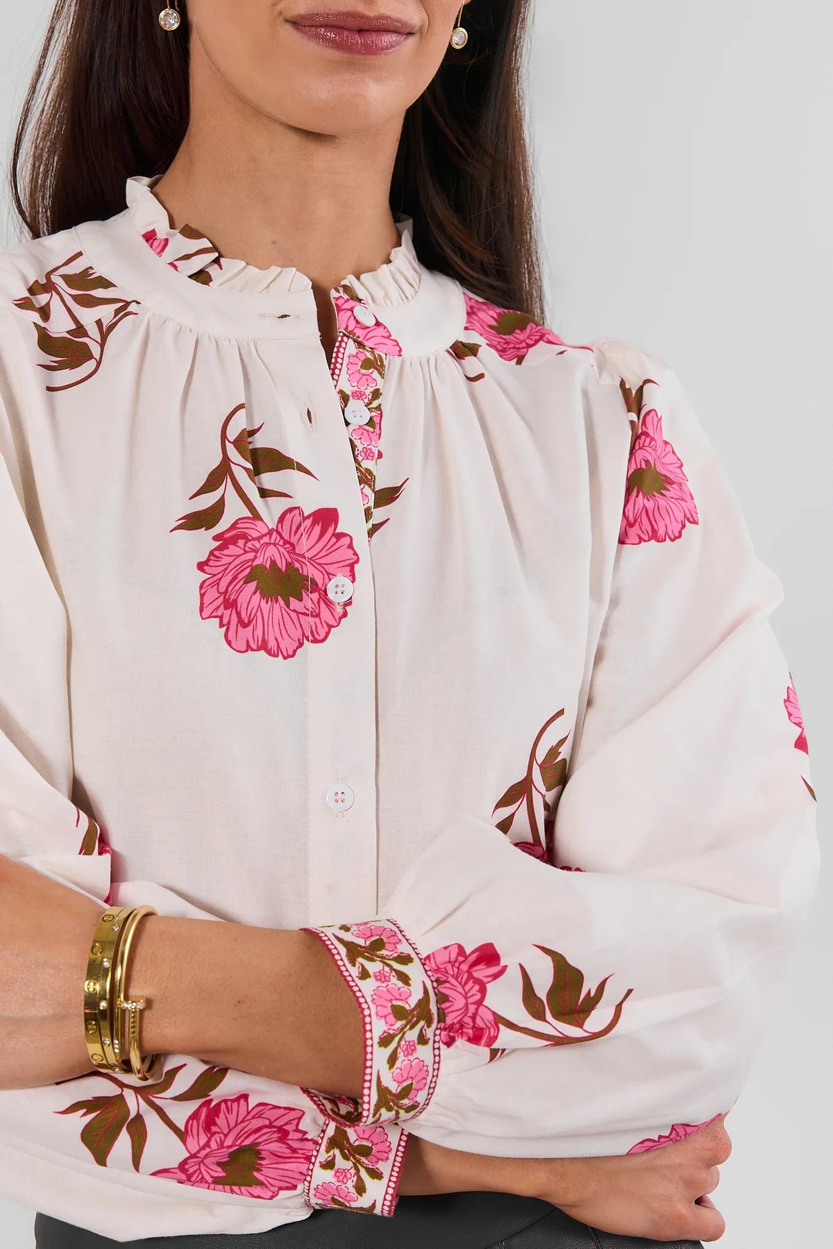 White Floral Button-Up Top - Ruffle Collar & Embroidered Cuff Detail Close-Up | Avara