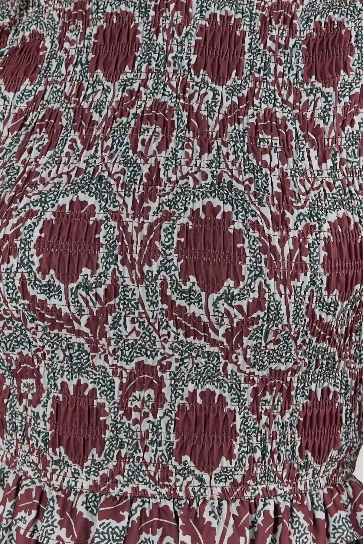 Brown Block Print Smocked Midi Dress with Brown Boots - Full Length Front | Avara