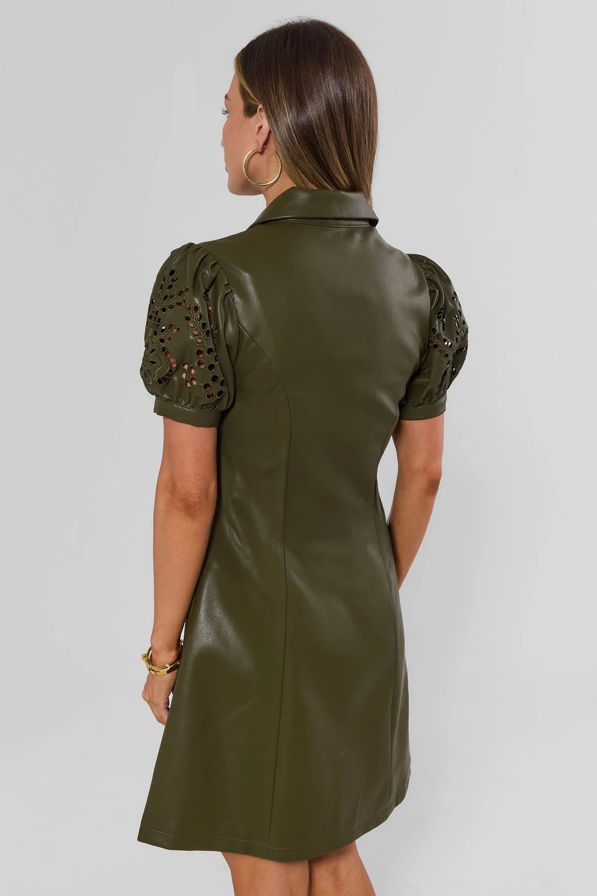 Green Faux Leather Short Dress - Back View, A-Line Silhouette and Eyelet Sleeves | Avara