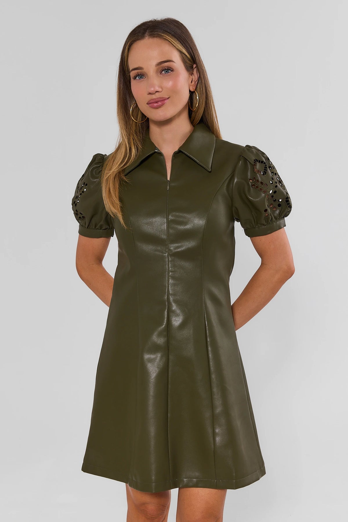 Green Faux Leather Zip-Up Short Dress - On Model Front, A-Line Silhouette | Avara