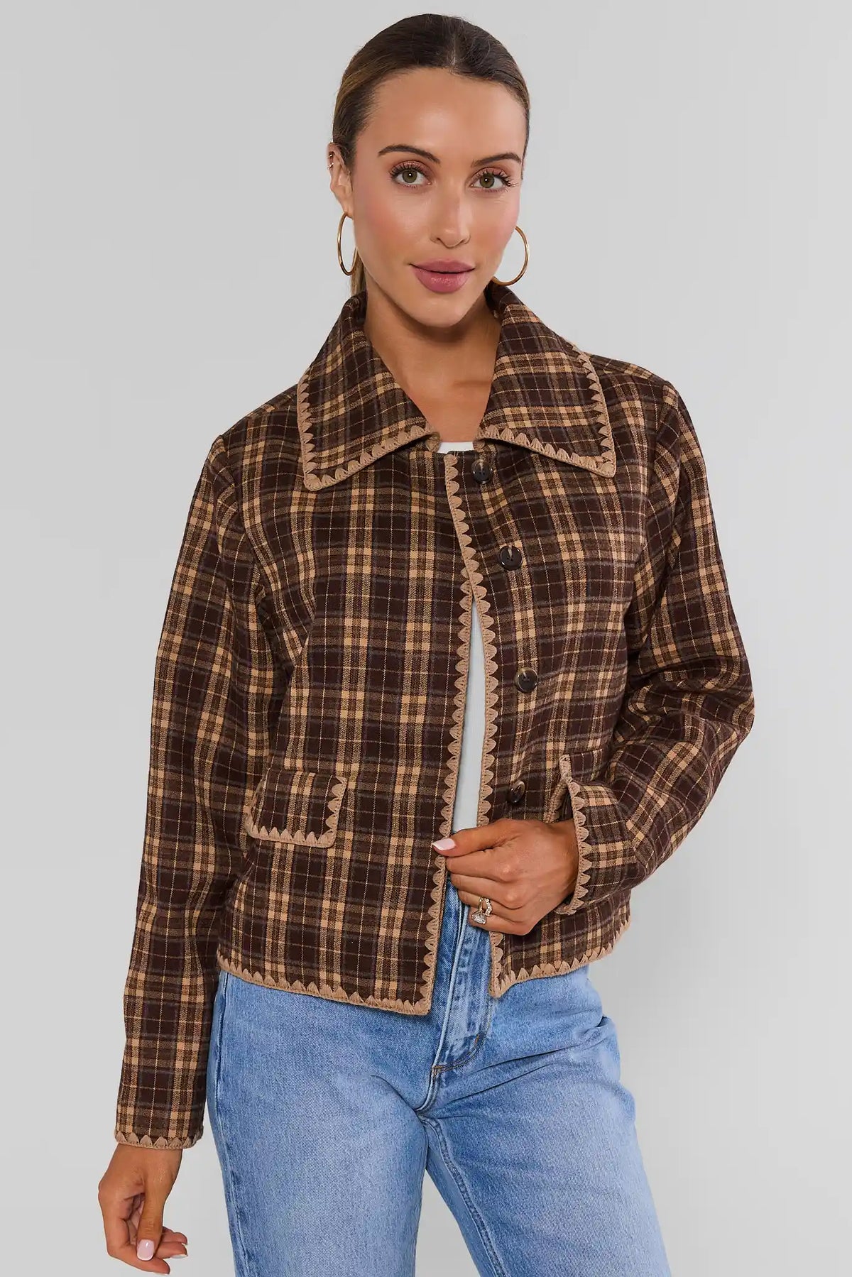 Brown Plaid Embroidered Trim Jacket - Full Front View On Model | Avara