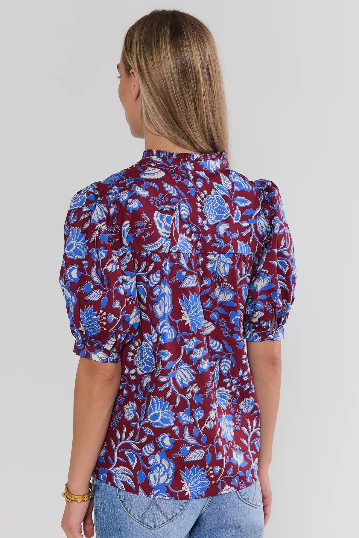 Lyla Burgundy Floral Printed Top - Back View with Puff Sleeves and Ruffle Neckline | Avara