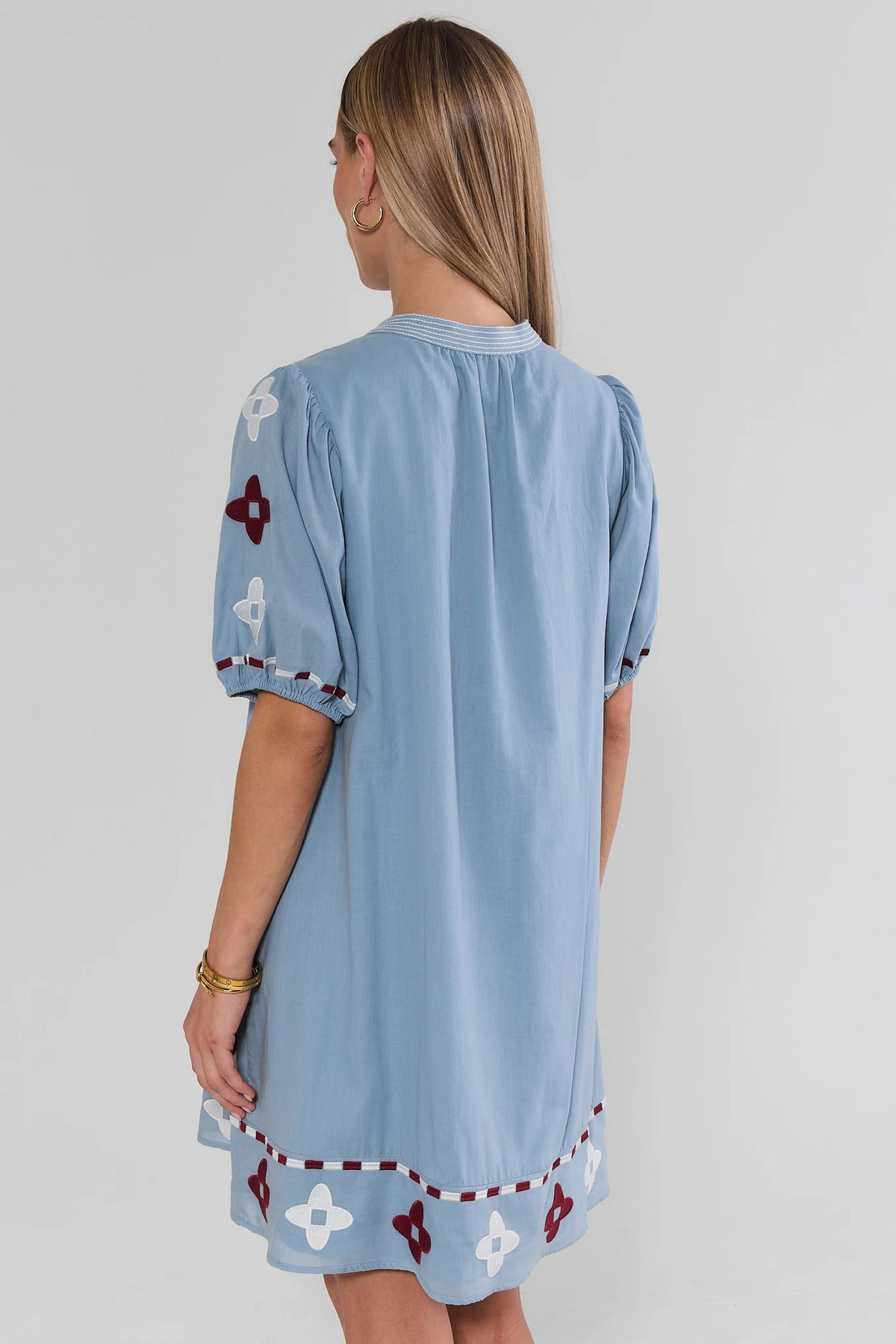 Light Blue Embroidered Tassel Short Dress - Back View Puff Sleeve Detail | Avara