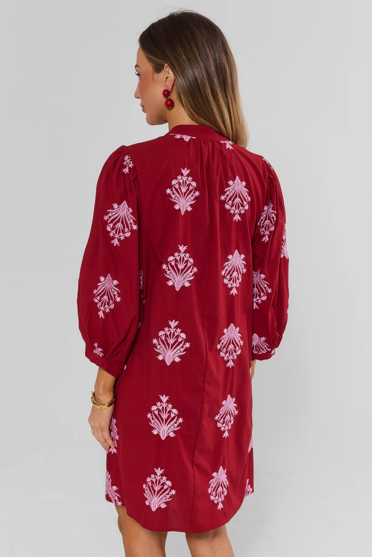 Burgundy Embroidered Split Neck Short Dress - Back View On Model | Avara