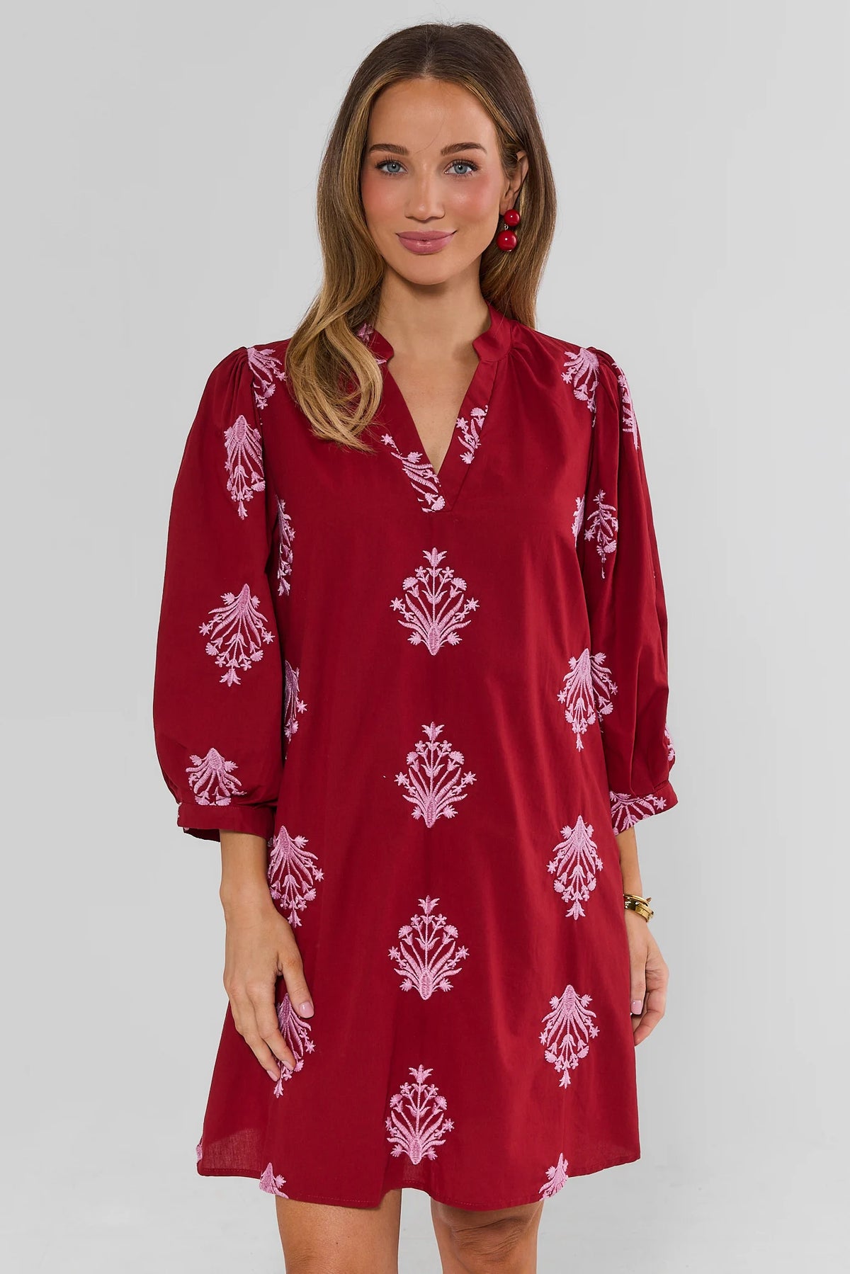 Burgundy Embroidered Split Neck Short Dress - Front View On Model | Avara