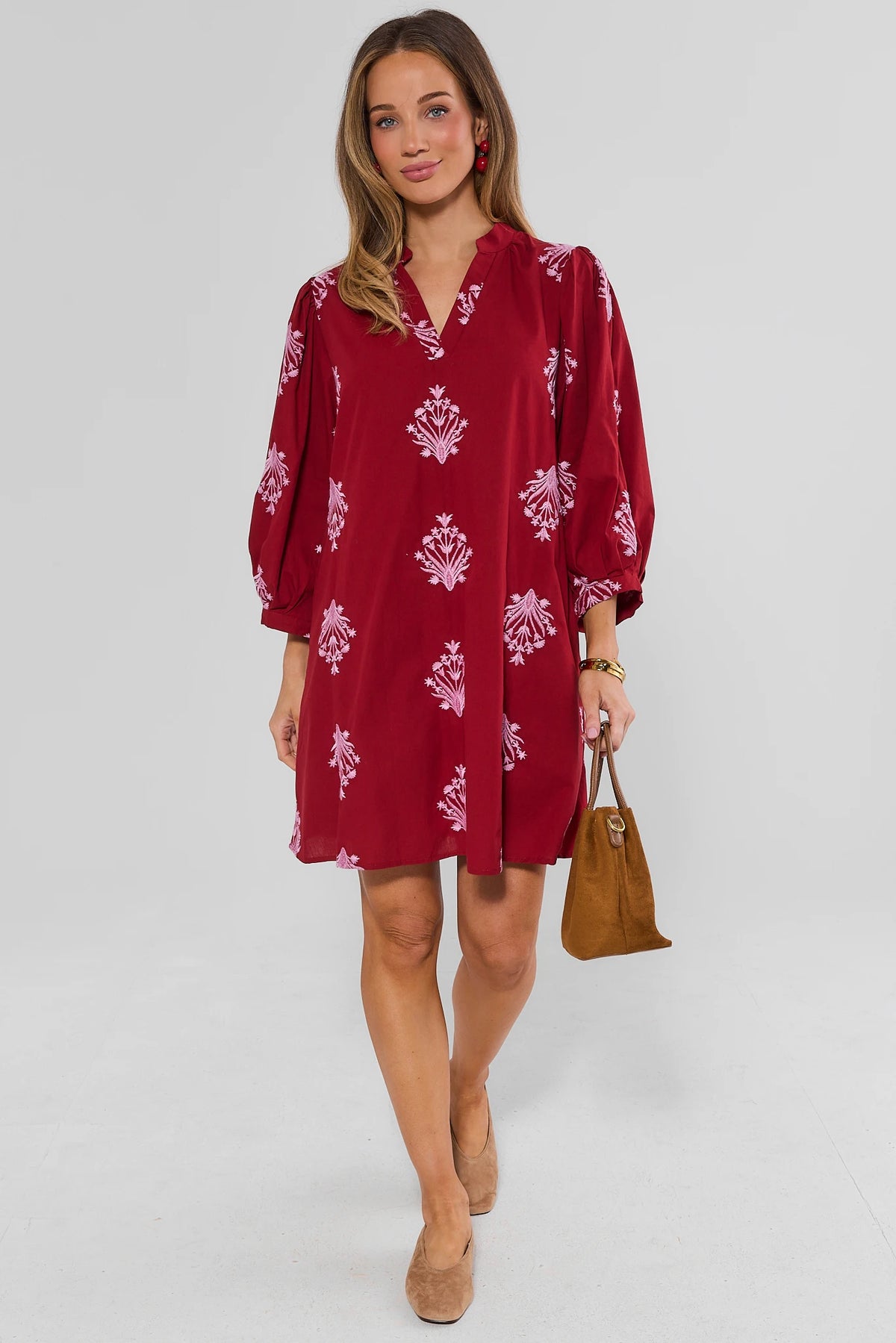 Burgundy Embroidered Short Dress - Full Length Styled with Tan Heels & Bag | Avara