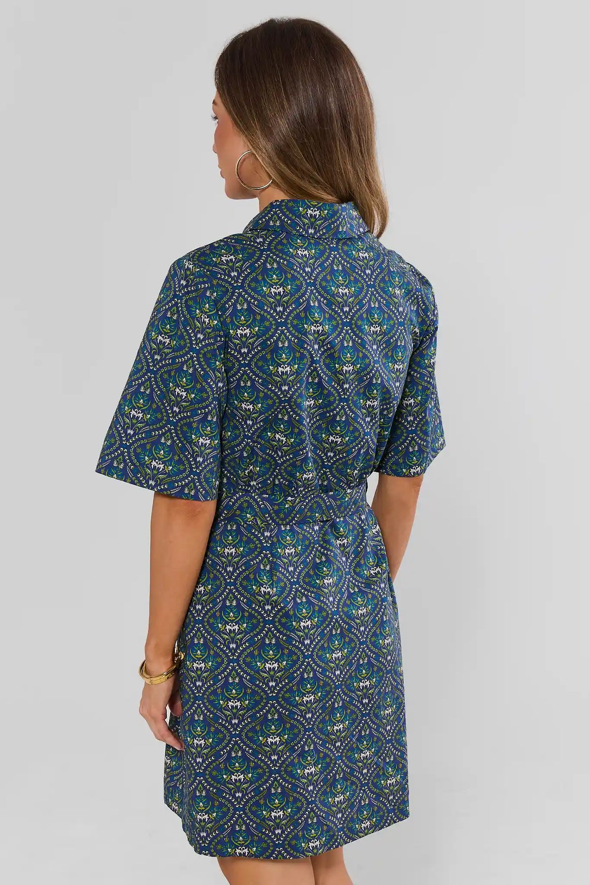 Allison Navy Printed Short Dress - Back View Showing Short Sleeves, Collar, and Hem Length | Avara